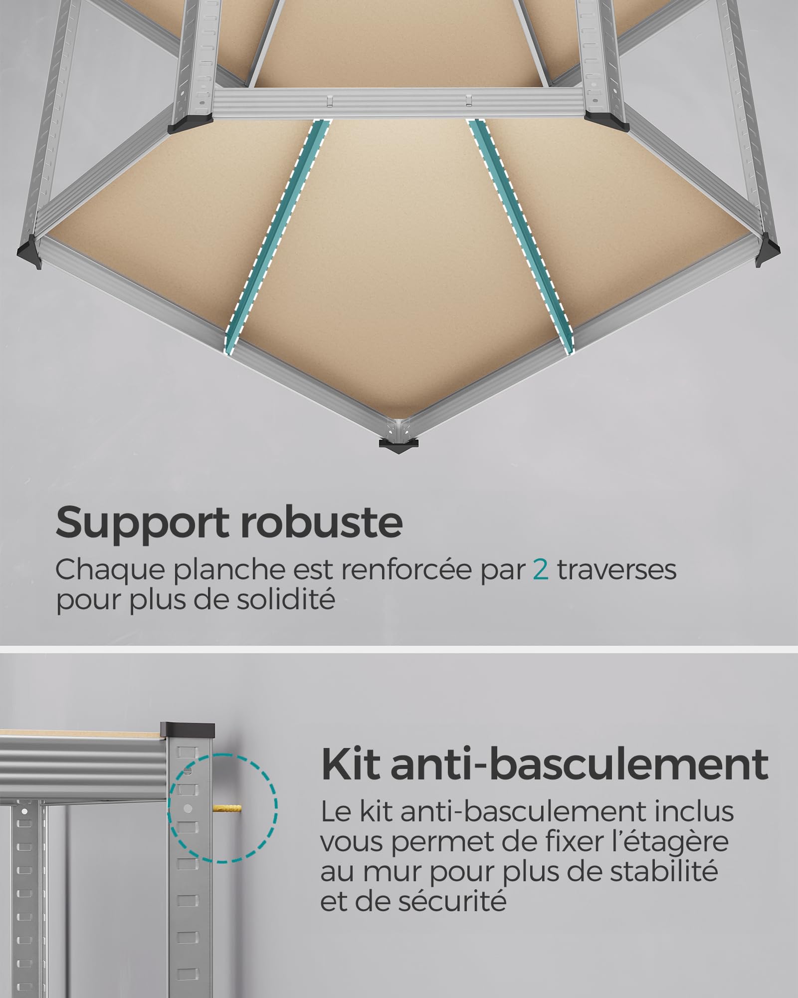 SONGMICS Étagères d’Angle à 5 Niveaux, Étagères de Rangement en Acier, Charge Lourde, Garage, Entrepôt, Capacité de Charge 875 kg, Argent et Beige Naturel GLR080E01