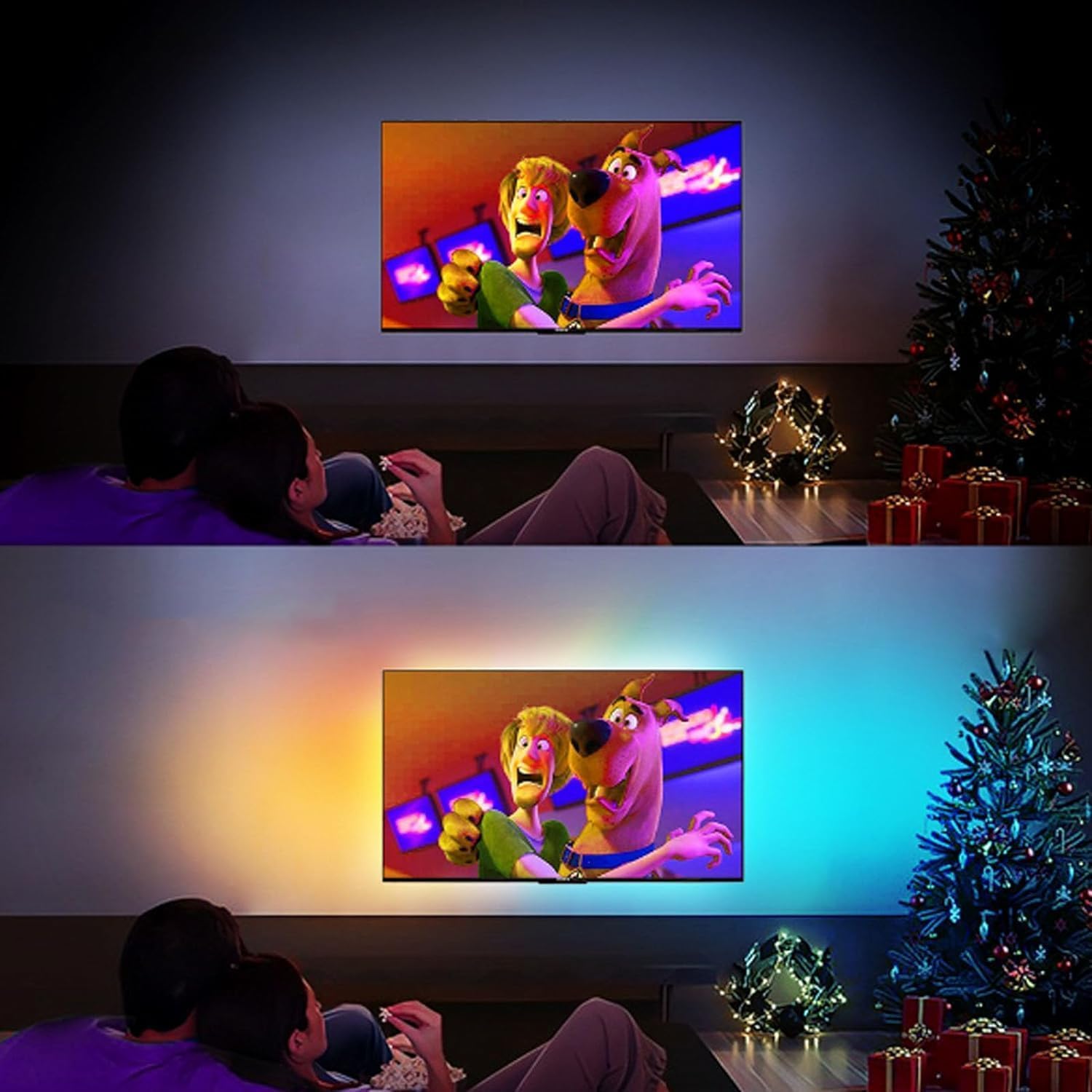 Oświetlenie LED do telewizora z podświetleniem LED do 183 cm, listwa świetlna z funkcją synchronizacji muzyki i synchronizacji, płynny efekt wielokolorowy, sterowanie aplikacją, salon
