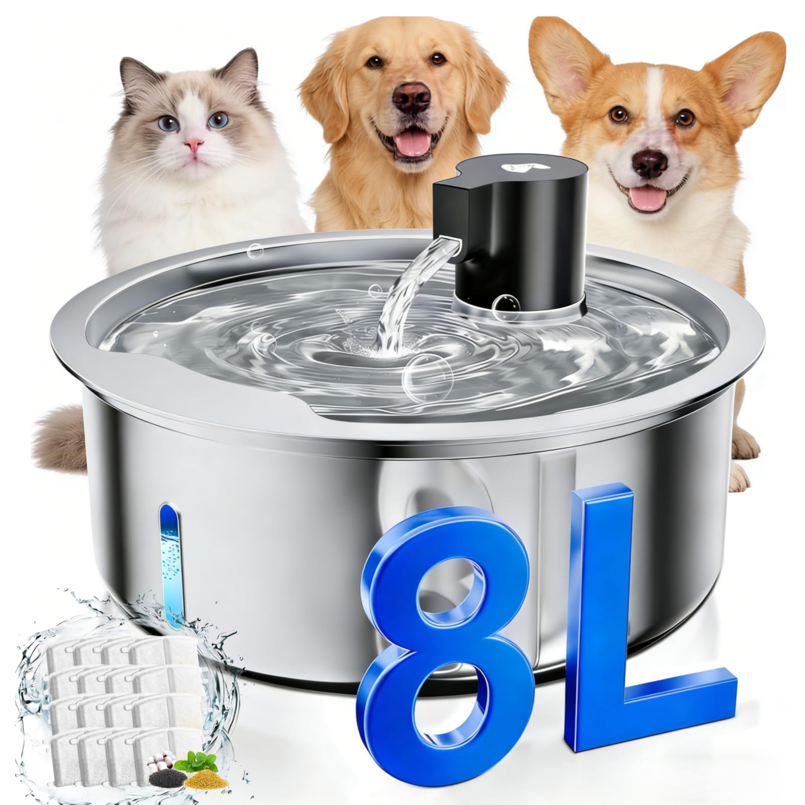 Fuente de agua para perros, fuente de agua de acero inoxidable de 8 litros para perros grandes, dispensador de cuenco de agua para perros, bomba súper silenciosa y filtros de repuesto para gatos y