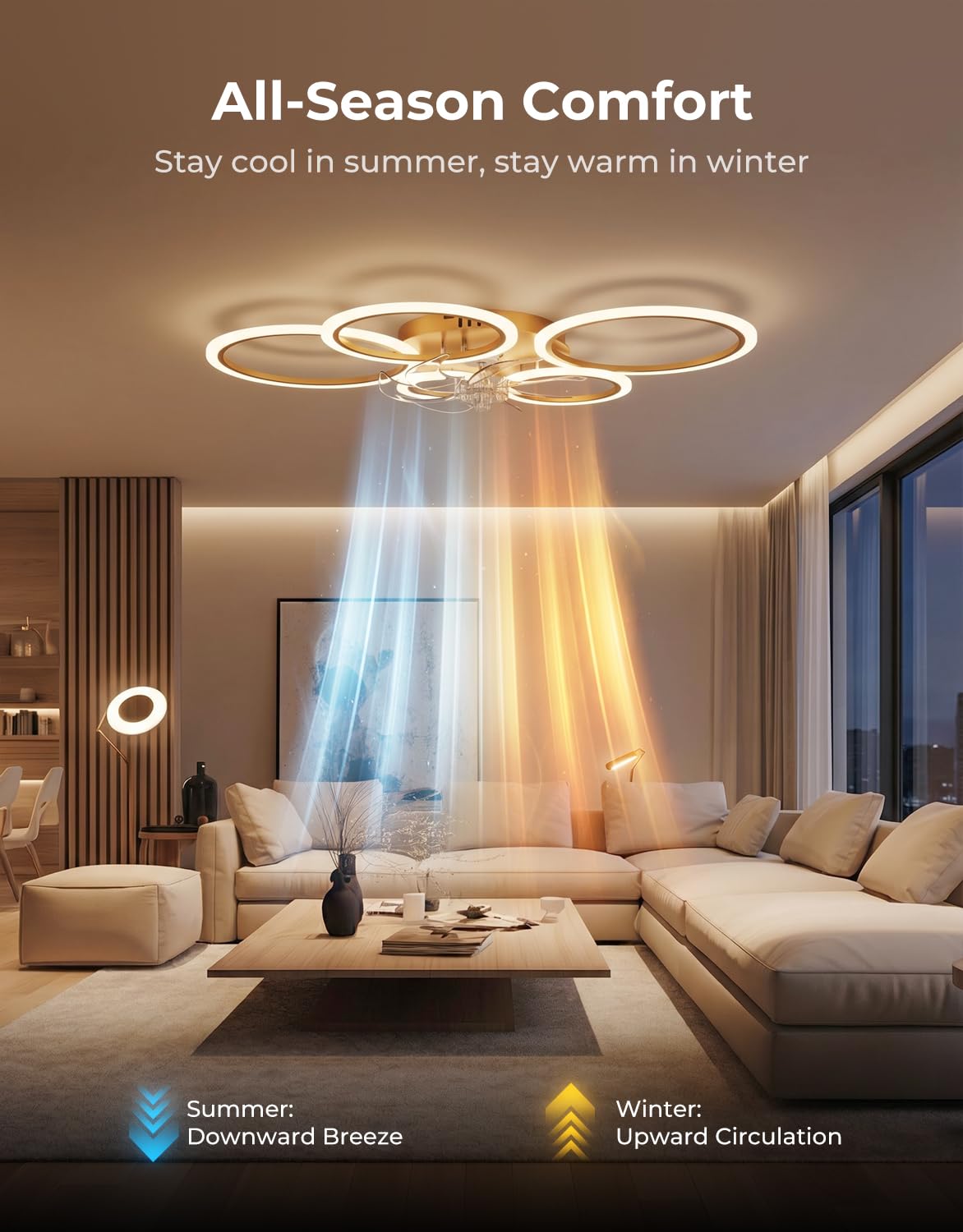 Plafoniera con Ventilatore da Soffitto, Anelli Lampadario Led con Ventilatore da Soffitto, Dimmerabile, Motore DC, Modalità Estate Inverno, Ventola Soffitto con Luce e Telecomando, Oro