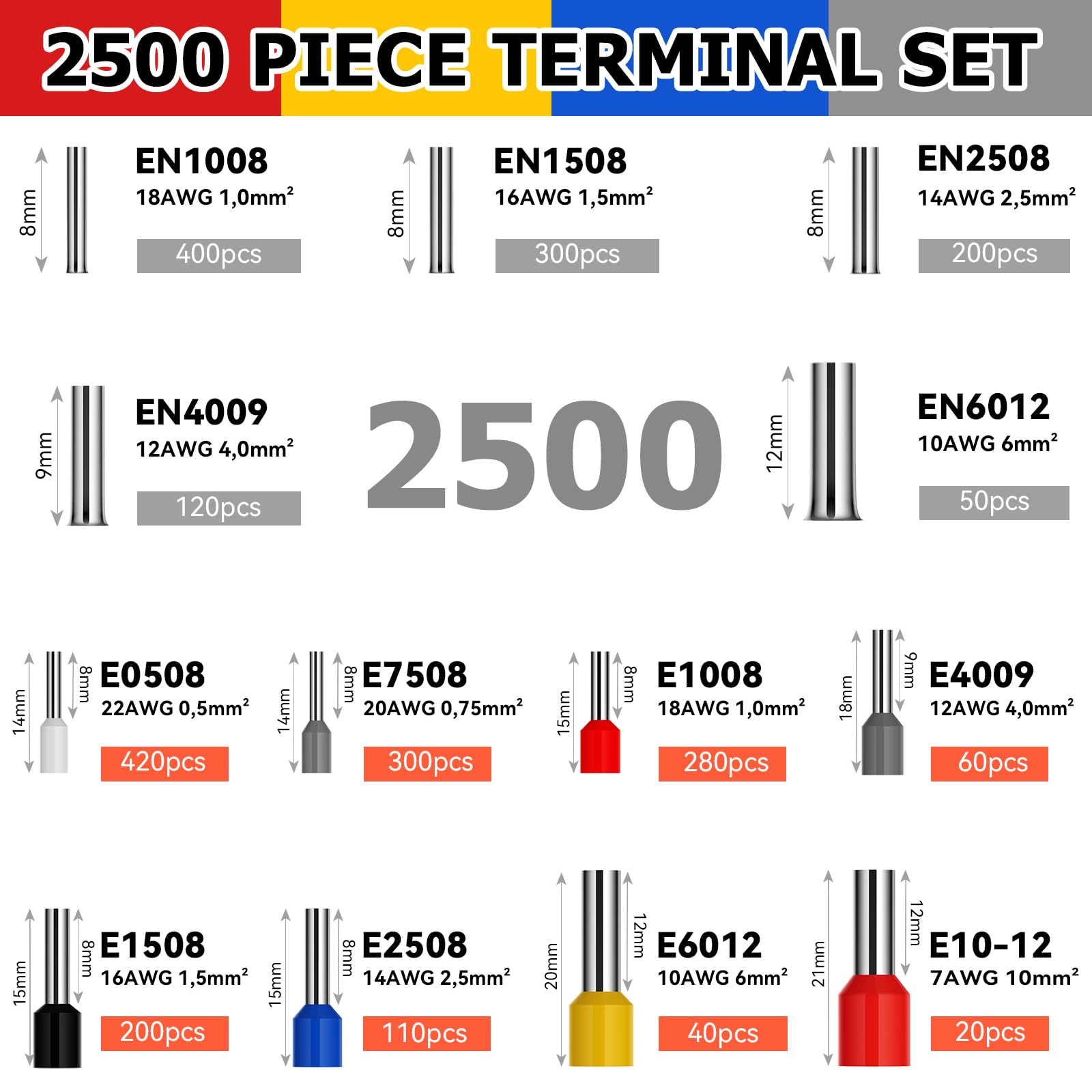 Snapklik.com : 2500PCS Wire Ferrules Connectors Kit, AWG22-7/0.5 ...