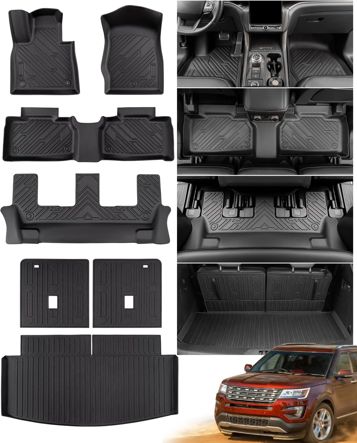 2020-2025 for Ford Explorer Floor Mats & Cargo Liner with Backrest Mat, for Explorer Accessories Trunk Mats Cargo Mat Back Seat Protector 2021 2022 2023 2024, All Weather Rubber Trunk Liner 7 Seats
