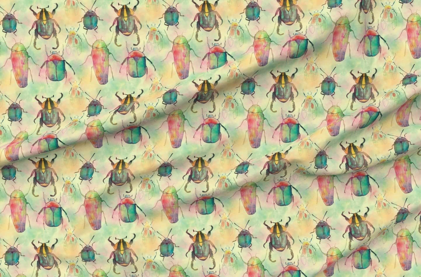 Spoonflower Fabric - Walk Egyptian Beetle Whimsical Watercolor Insects Bug Nature Insect Printed on Organic Cotton Sateen Fabric by The Yard - Sewing Quilting Apparel Home Decor