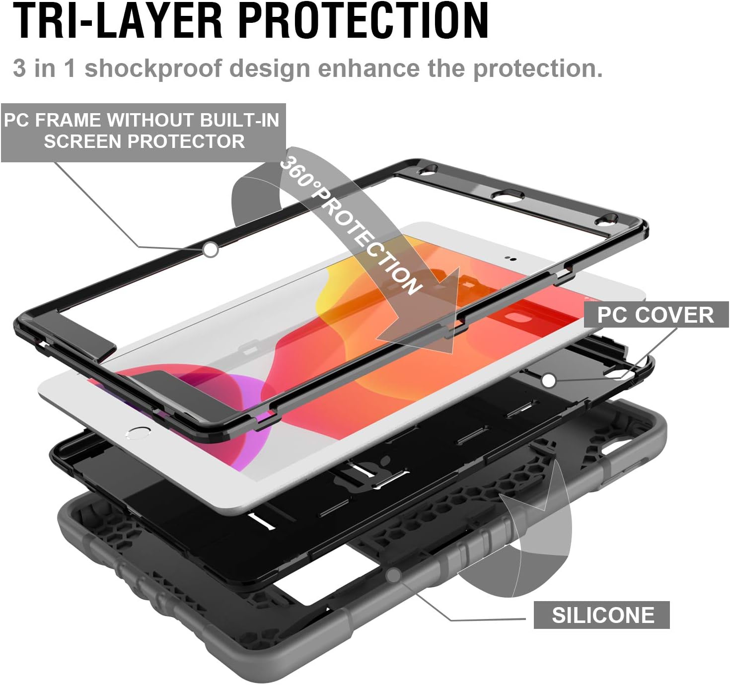 Digital Hutty Case for iPad 8th Generation / iPad 7th Generation (10.2 Inch, 2020/2019 Model), Hybrid Three Layers Armor Shockproof Heavy Duty Protective Case with Kickstand,Pencil Holder Gray