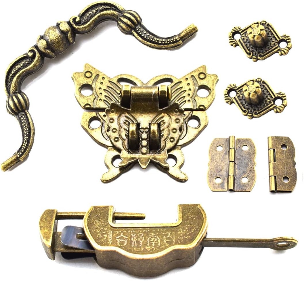 SDTC Tech 13-Pack Retro Jewelry Box Hardware Kit Includes Hasp Latch Padlock Hinges Corner Protectors Pull Handle and Supporting Feet, Bronze Tone