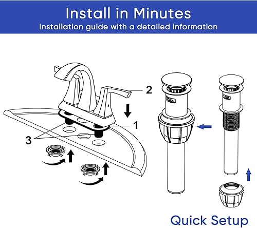Miniatura 6 de VXV Grifo de baño de níquel cepillado, 2 manijas de arco bajo, grifos de lavabo de baño de 4 pulgadas con drenaje emergente y líneas de suministro