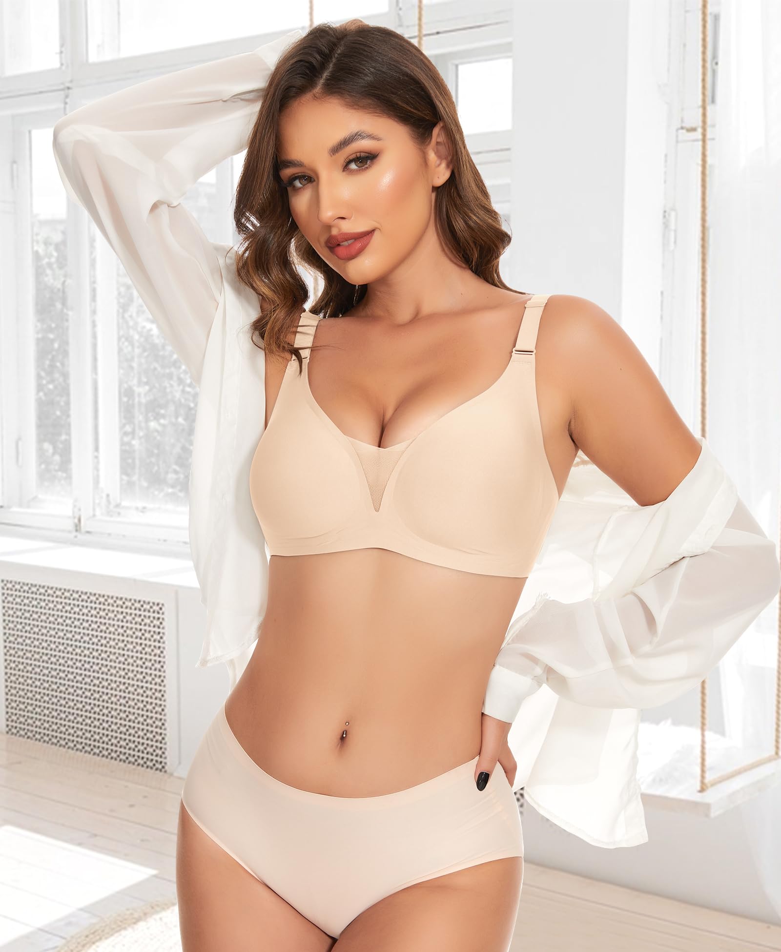 Ganado Soutien Gorge sans Armature Femme Brassière Push up Dentelle Col en V Profond Brassiere Classiques Bralette sans Coutures Coton
