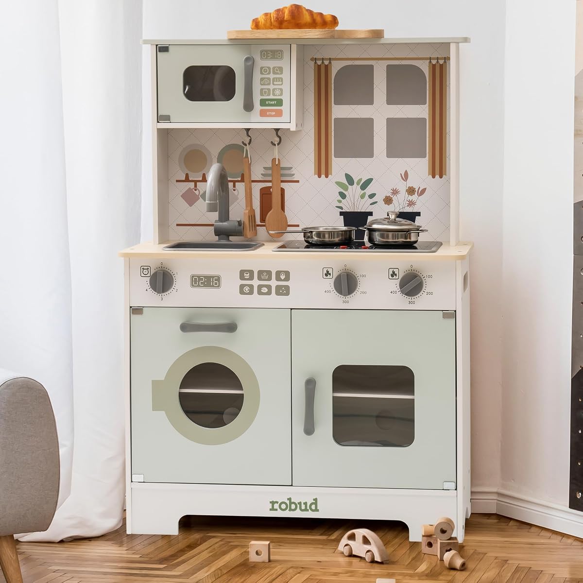 ROBUD Play Kitchen for Kids, Wooden Kids Kitchen Playset | with Lights & Sounds, Pots, Cookware, Pretend Kitchen Gift for Boys Girls, Green Modern Look, Age 3+
