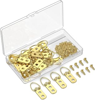Uniclife 30 Pcs D Ring Picture Hangers with Screws, 40 lb Load Heavy Duty Picture Hanging Hardware, Double Holes Picture Hooks, D Rings for Picture Frame Hanging, Paintings Mirrors Clock Golden