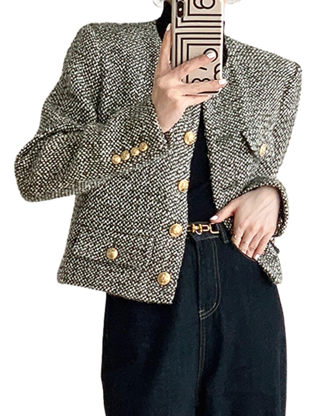 chouyatou Womens Elegant Business Casual Crop Plaid Tweed Blazer Jacket Open Front Short Button Down Suit