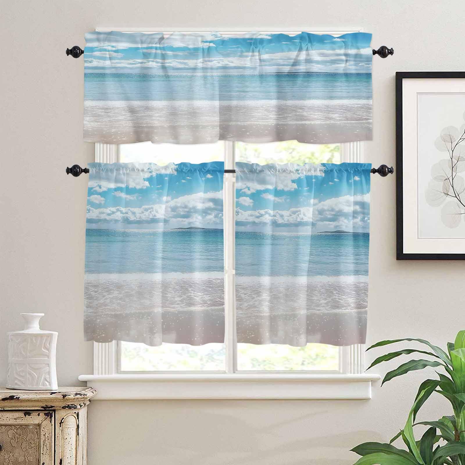 Ocean Beach Kitchen Curtains 36 Inch Length,3 Piece Rod Pocket Small Half Tiers and Valance Set,Natural Blue Sea Waves Sky Cloudy Scenery Small Large Window Treatment Decor for Bedroom/Bathroom Sink