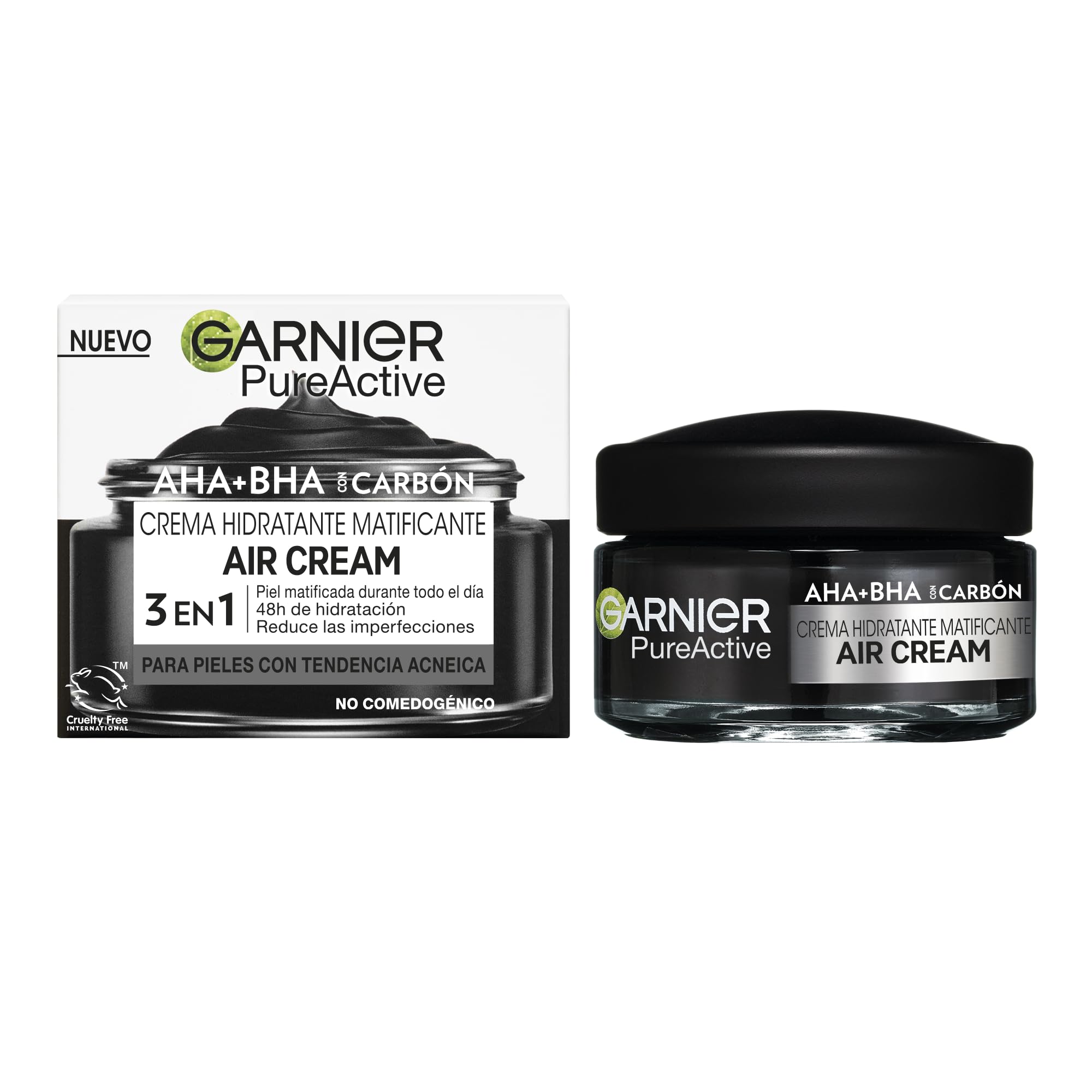 Garnier PureActive Crema Hidratante Matificante AHA+BHA con Carbón, 50ml