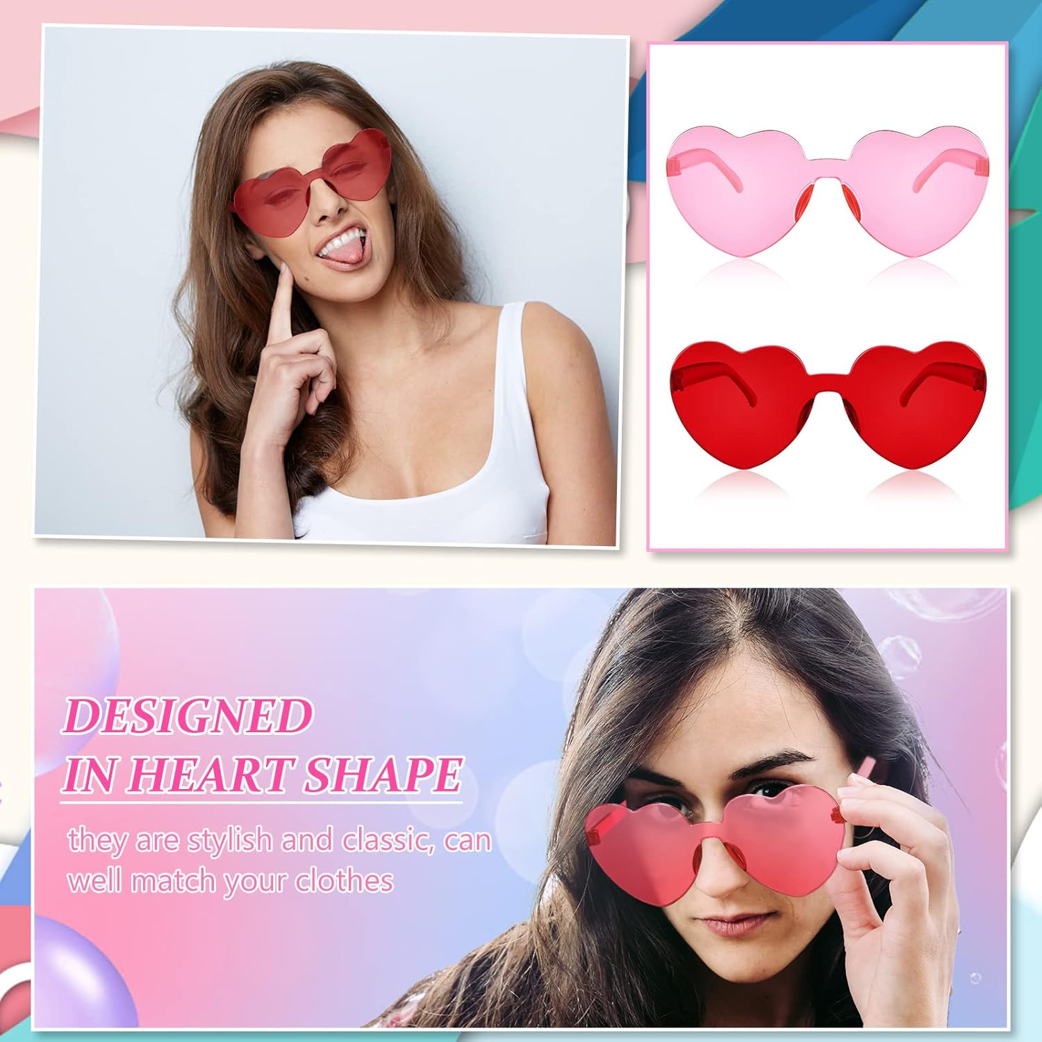 Flutesan 42 Pairs Valentine's Day Heart Shaped Sunglasses Bulk for Women Y2k Trendy Rimless Clear Heart Party Favor Glasses - Image 5
