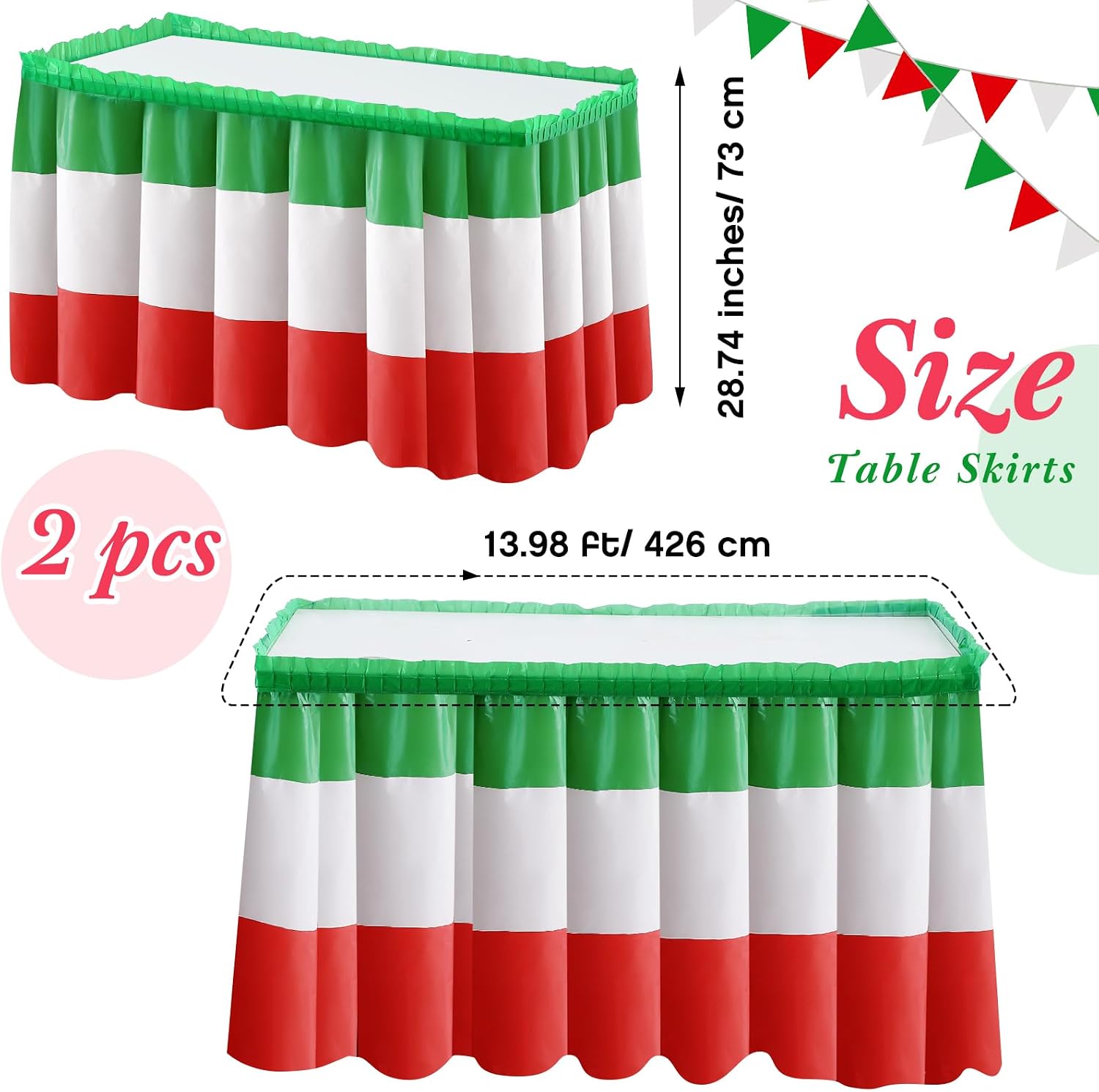 Peryiter 2 Pack Italian Table Skirt Red Green White Table Skirting Mexico Themed Party Decorations for Italian Party Mexican Independence Day Birthday