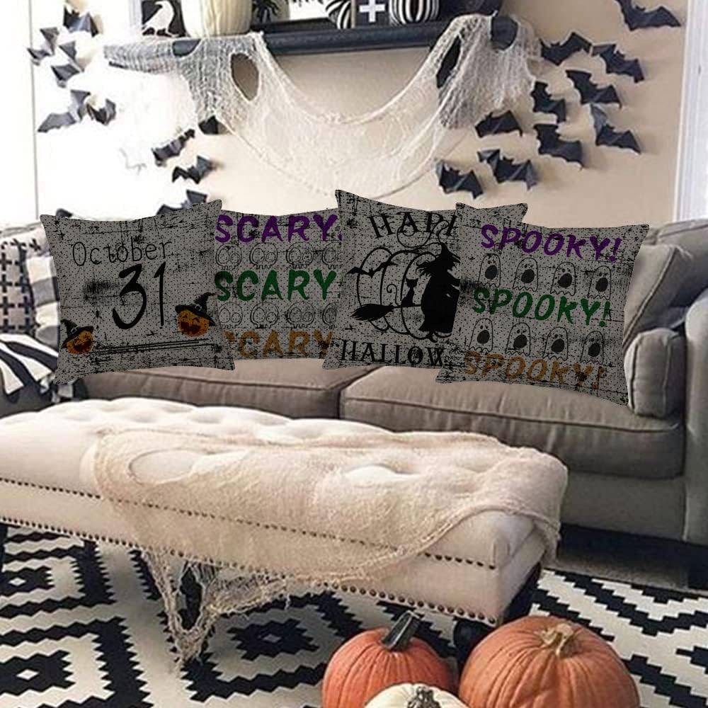 Fukeen Happy Halloween Grey Pillow Covers Set of 4 Scary Spooky Ghost Pumpkin Witch Hat October 31 Throw Pillow Case 20x20 Inch Fall Halloween Home Decor Cushion Cover for Sofa Couch Bedroom