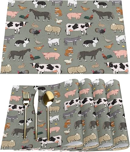 Juego de 4 manteles individuales de verano con diseño de vaca gallo, bonitos animales de granja, vacaciones, cocina, comedor, decoración para