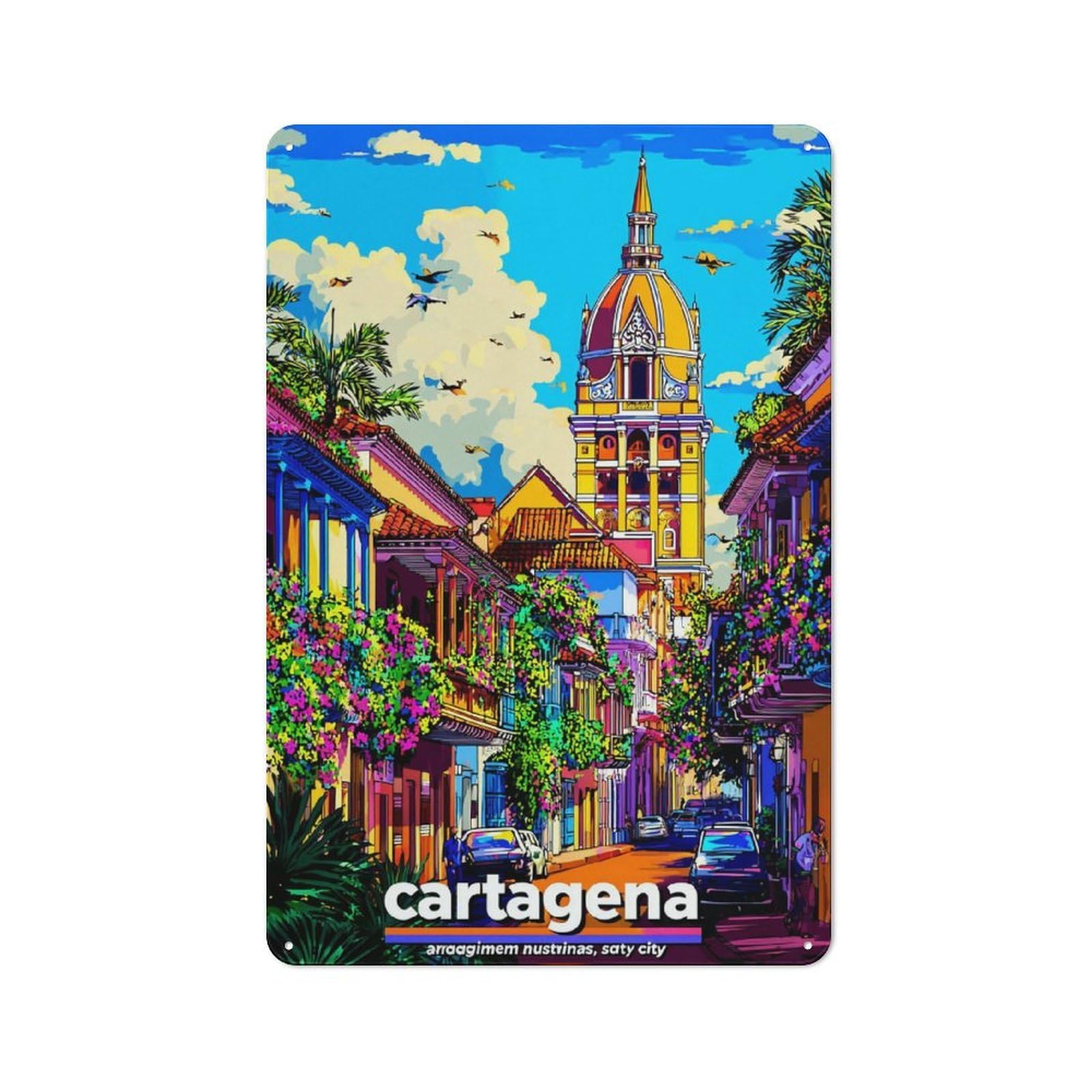 Junmoney Cartagena A Vibrant Caribbean Cityscape Vintage-Inspired Metal Sign 30X20cm For Garage Wall, For Vintage Wall Decor Fans, For Kitchen And Home Bar Decor