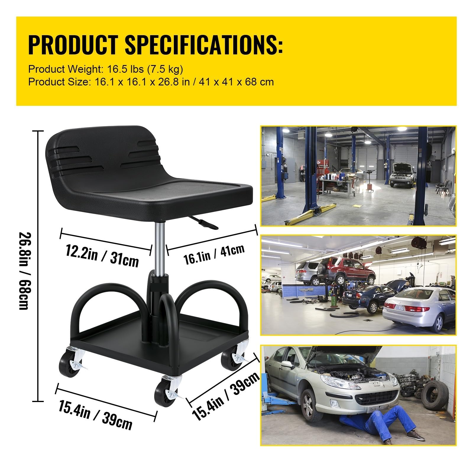 Chaise de Tabouret de mécanicien à siège Roulant avec Plateau à Outils Tabouret de Garage pivotant réglable de 300 LB for la réparation Automatique d'atelier(Black Square Tray)