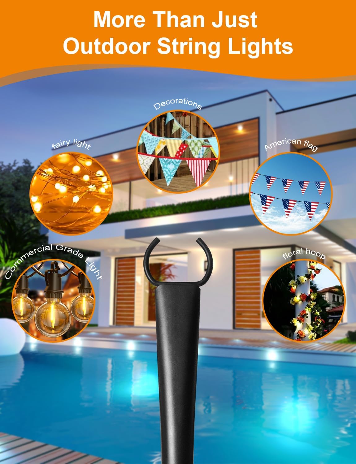 Paquete de 4 postes de luz de cadena de 10 pies para exteriores, poste de luces de metal grueso para colgar al aire libre con tenedor, accesorios de poste colgante de iluminación para decoración de