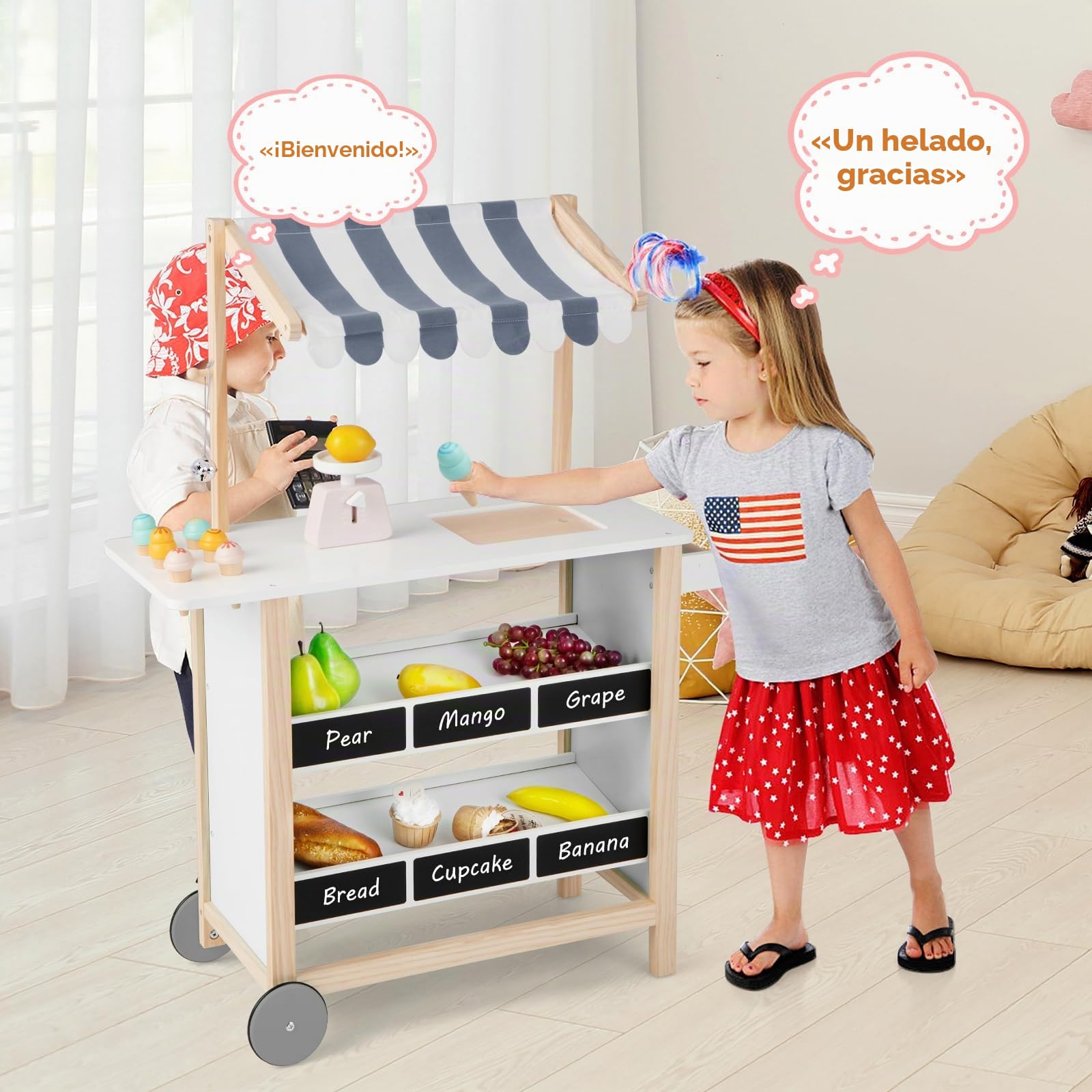 HOMASIS Carrito de Helados Infantil con Accesorios, Tienda de Madera con 2 estantes, heladería con Ruedas móviles y toldo, Juego de casita de muñecas para niños 3+ años, 79,5x29,5x100cm (Blanco)