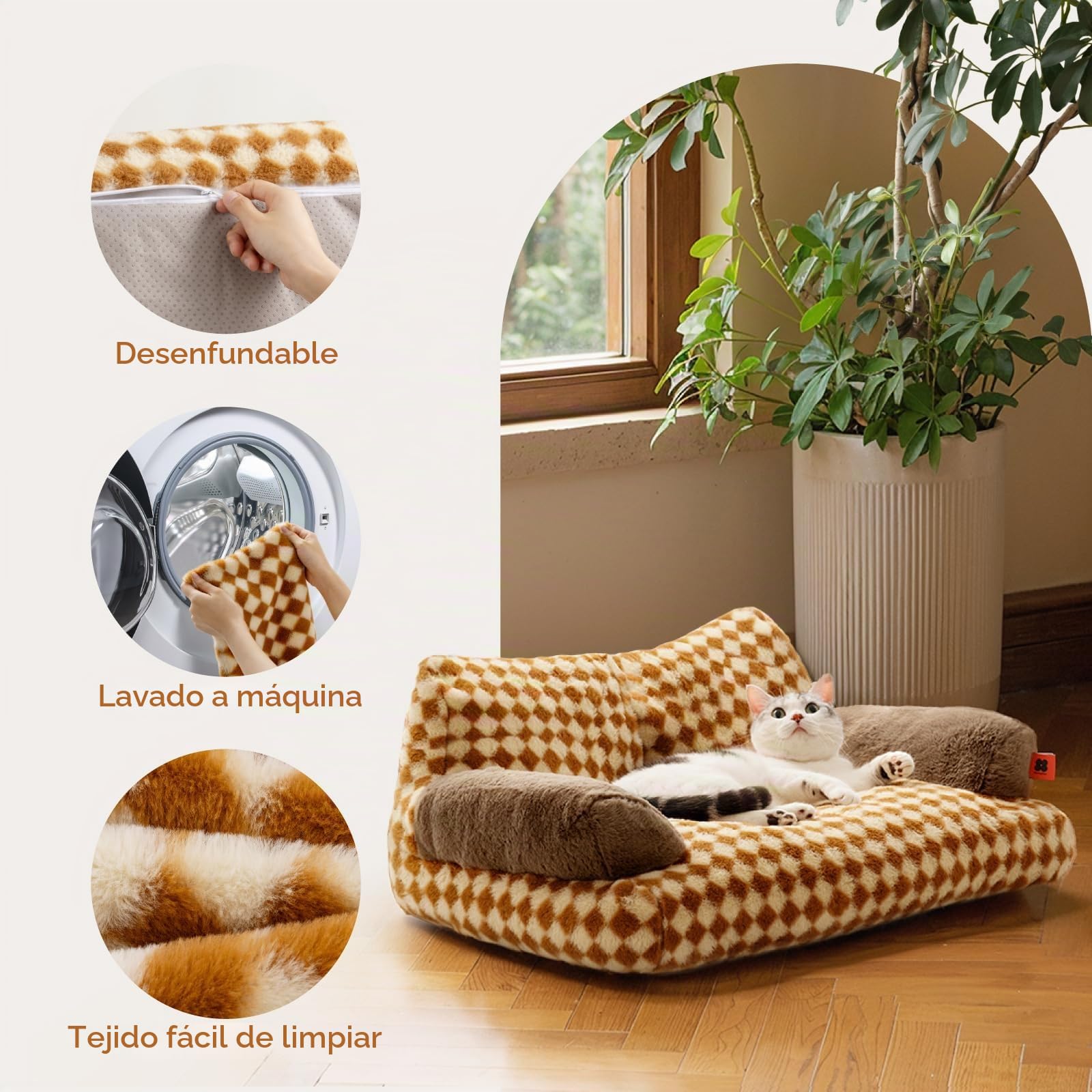 MEWOOFUN Elegante cama para gatos de interior grande, mullida y suave, bonito sofá cama para perros y gatos con parte inferior antideslizante, 66 x 48 cm, Marrón