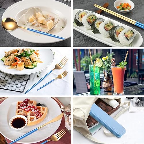 Miniatura 10 de AARAINBOW Juego de cubiertos de acero inoxidable de 8 piezas, portátil, reutilizable, juego de utensilios de viaje, incluye palillos, cuchillo,