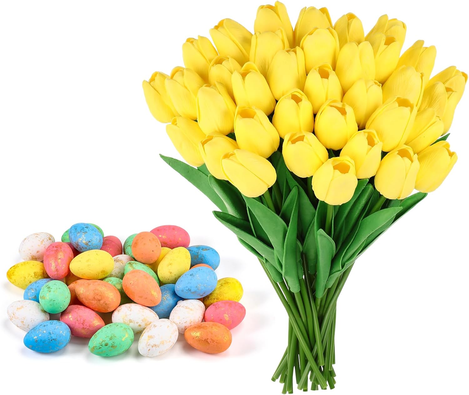 Canlierr 72 Pcs Spring Table Centerpiece Decor Set, Artificial Tulips with Pastel Eggs, Vase Fillers for Home, Wedding, Party, Farmhouse Decoration(Macaron Color)