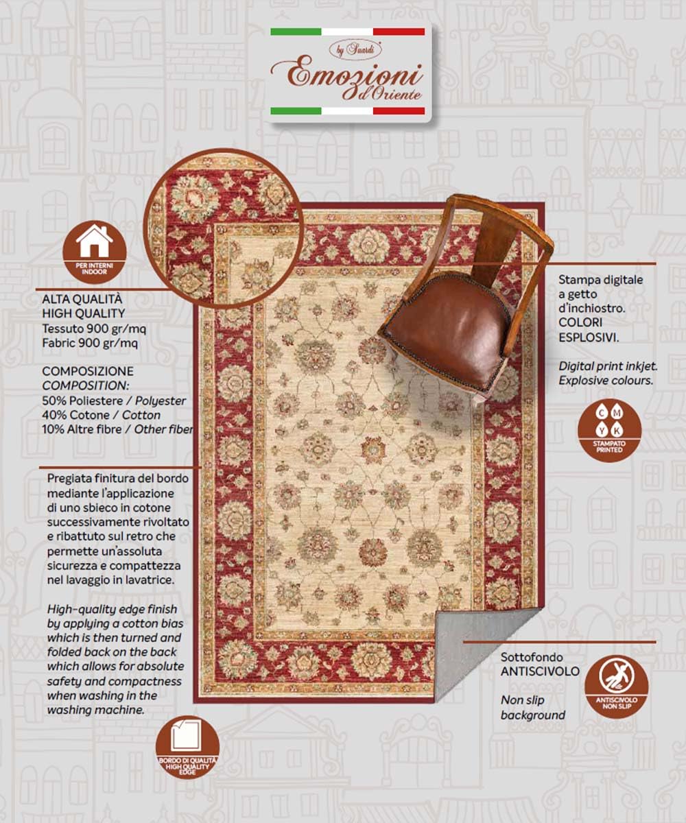 Pierre Tappeti HAMADAN cm.74x160 arredo salotto soggiorno camera, stile classico tradizionale riproduzione motivi persiani orientali. Lavabile, anti-scivolo, 100% Made in Italy