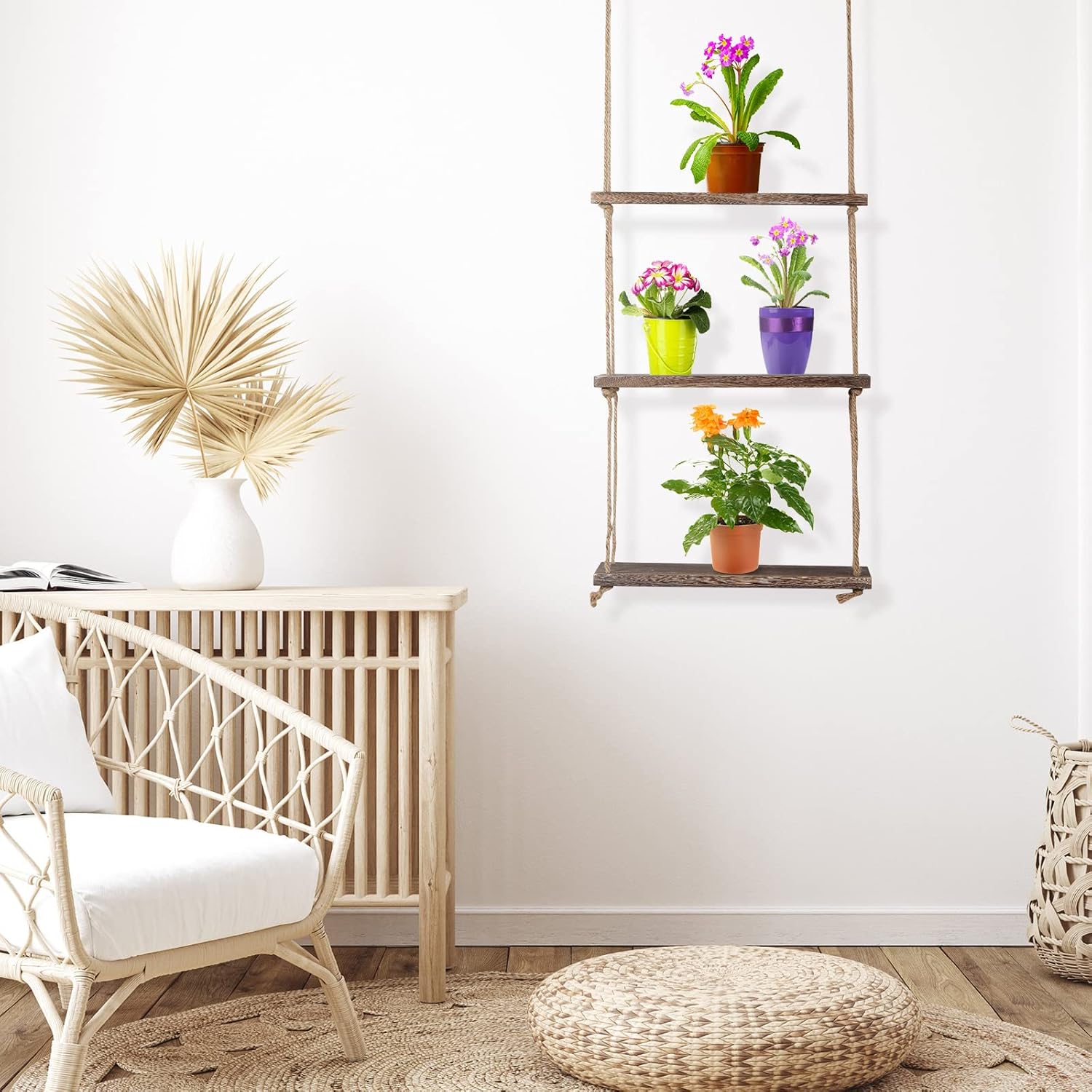 Nuanchu 2 Pcs Hanging Shelves Window Shelf for Plants 3 Tier Rustic Wood Floating Wall Shelves Photo Plant Ornaments Display Hanging Storage for Balcony Windows Bathroom Living Room Bedroom Apartment