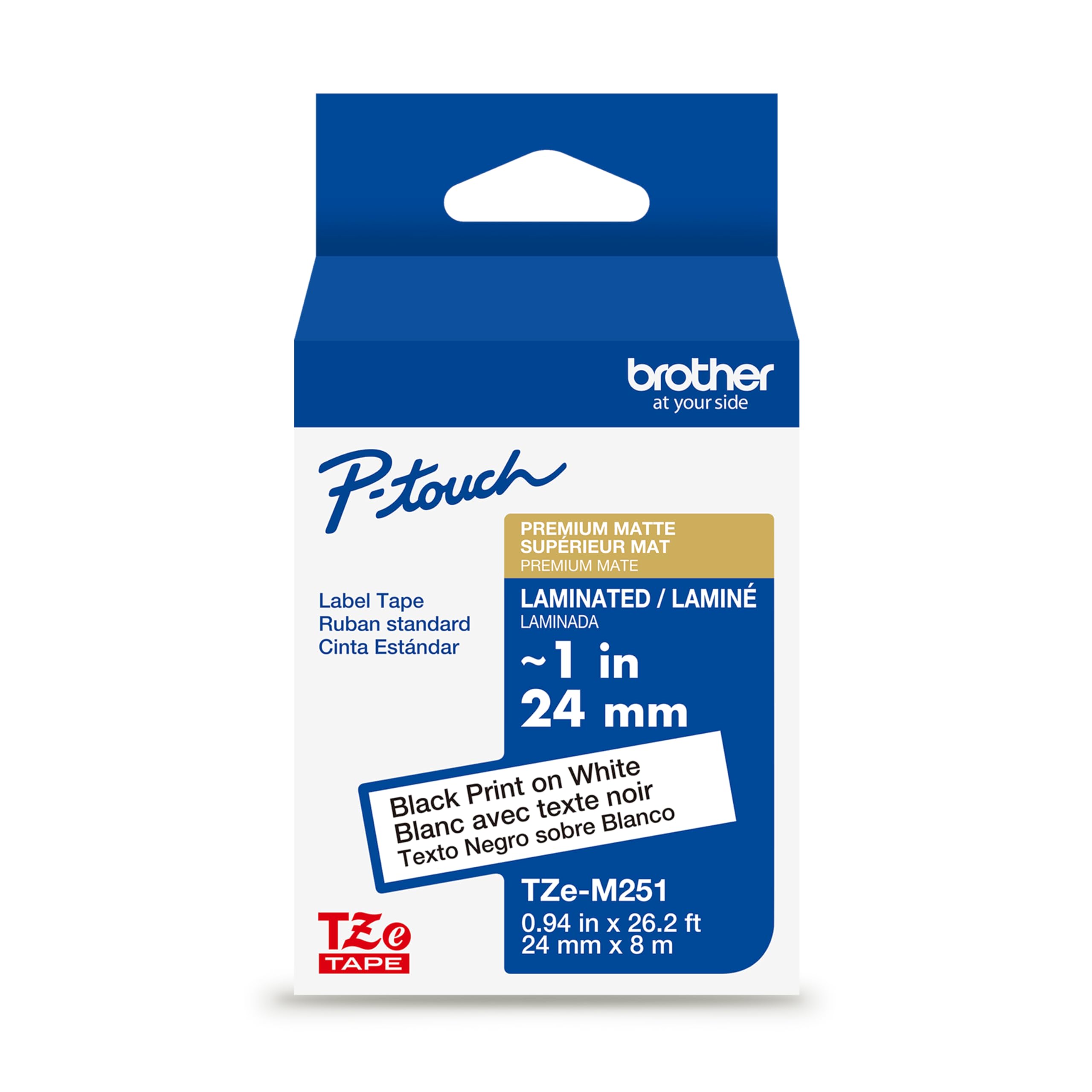 Brother Genuine P-Touch TZe, Black Print on White Label Tape (TZeM251), Premium Matte Laminated,3/4in x 26.2ft (18mm x 8m), for Select P-Touch Label