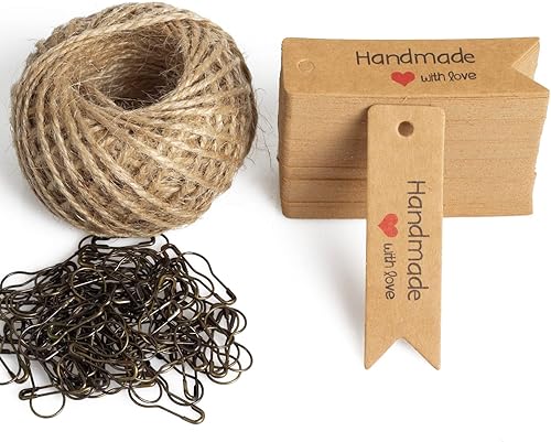 Hechas a mano con etiquetas de regalo de amor, 100 etiquetas pequeñas de papel kraft para colgar con cordel de yute natural y alfileres seguros,