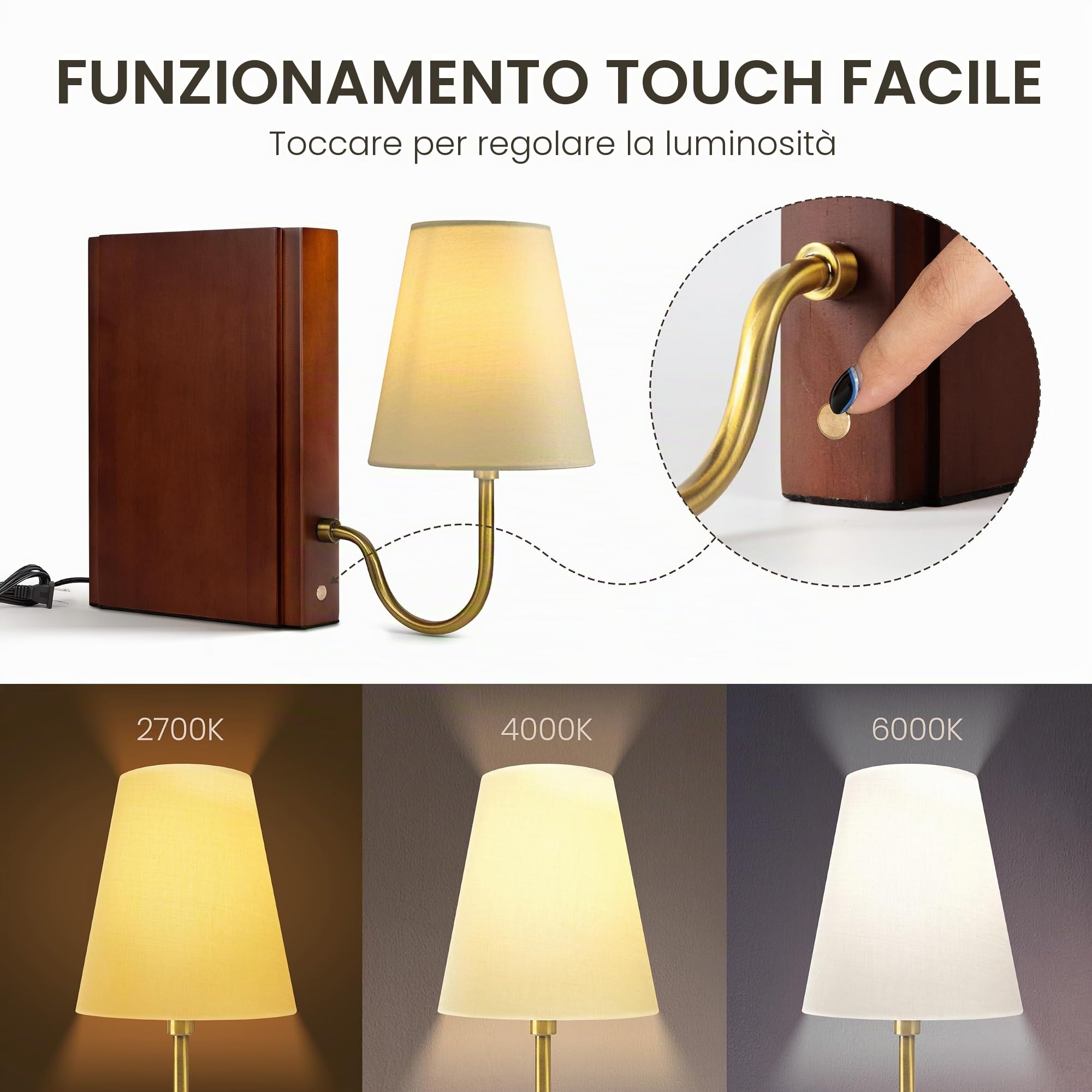 AELS Lampada da libreria in legno con lampadina, lampada da tavolo con paralume in lino, controllo touch dimmerabile in 3 colori, fermalibri decorativo moderno, lampada per libri, per ufficio, casa