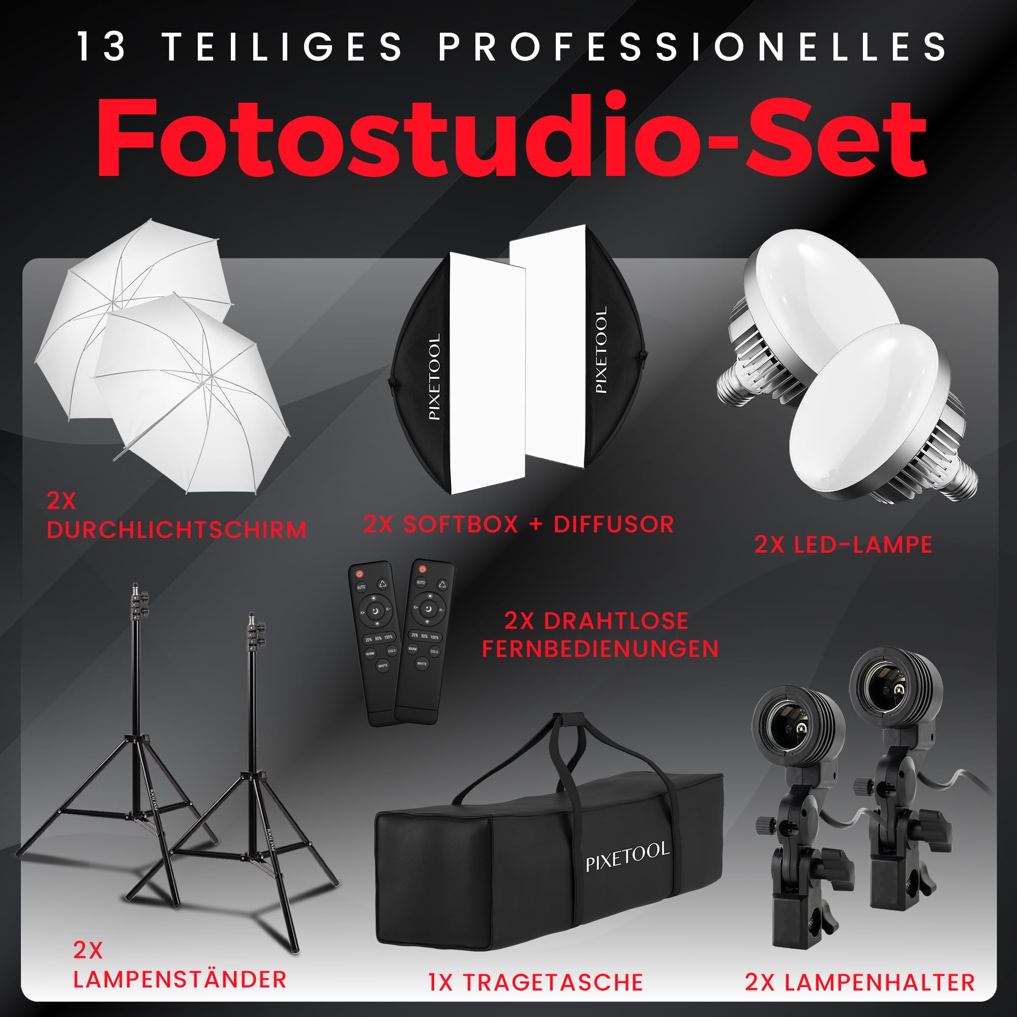 Fotostudio Set – 2 Softbox 70 x 50 cm, 2 Durchlichtschirm, 2 LED Lampen 4800 Lumen 3000-6000K Licht – Softboxen - Fotolicht Videolicht Fotolampe – Light Streaming Video Fotografie Studiolicht