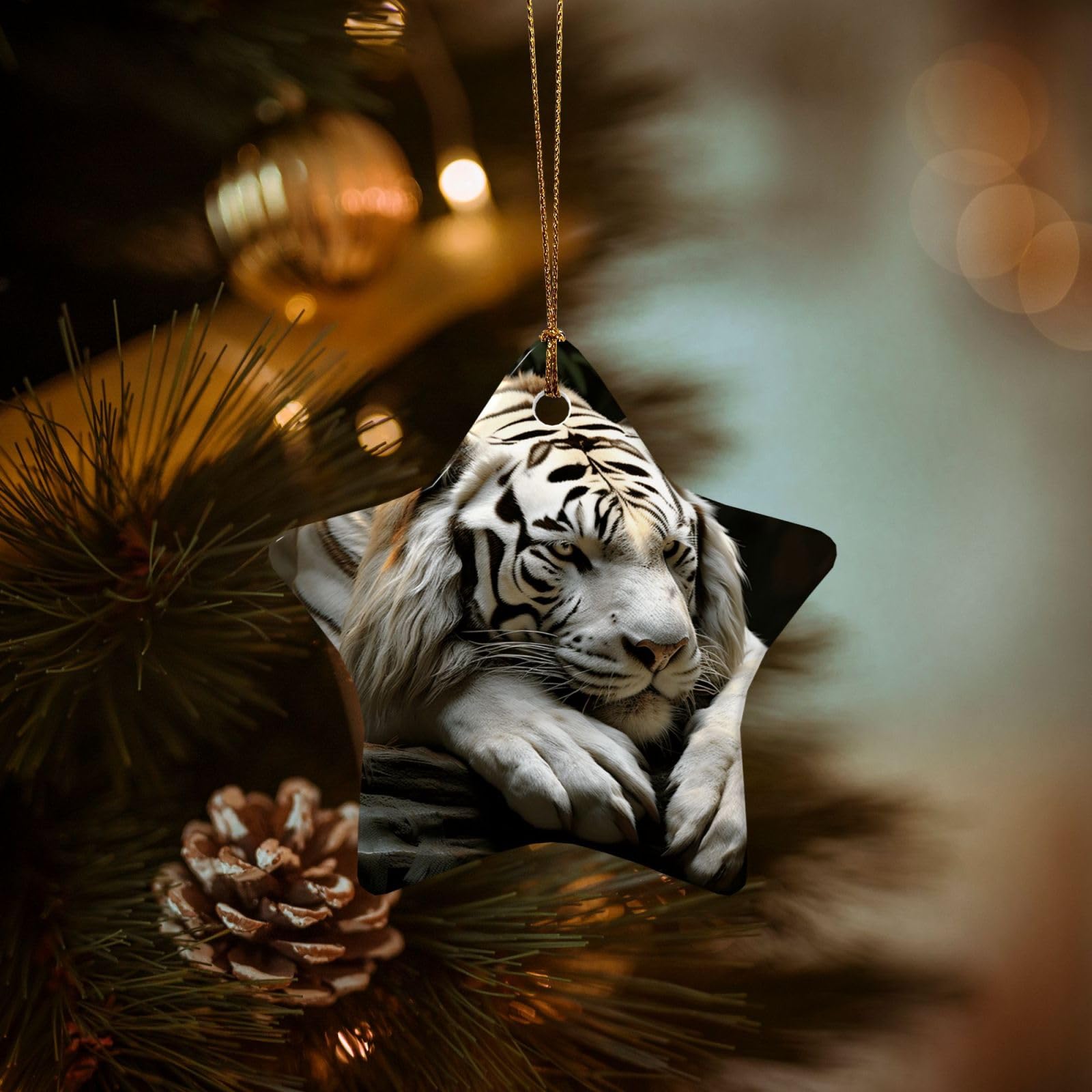 Christmas Ornaments for Christmas Tree Decoration Hanging Lying Tiger Ornament with Gold Ribbon Crafts Star Shape Ceramic Pendant for Keepsake Gifts Xmas Decor Party Supplies