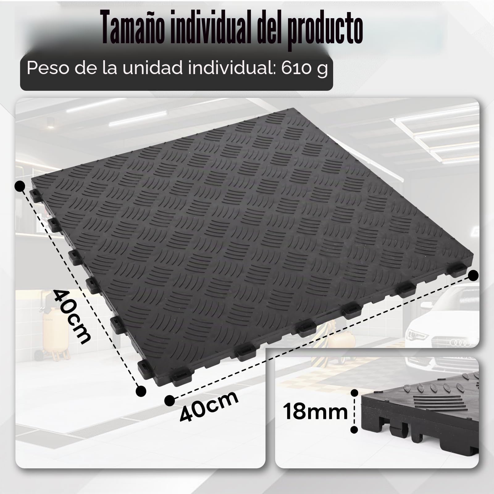 20 baldosas para suelo de garaje, para acoplar entre ellas, 40 x 40 cm, antideslizantes, resistentes, fáciles de colocar, diseño de placas de diamante (negro)