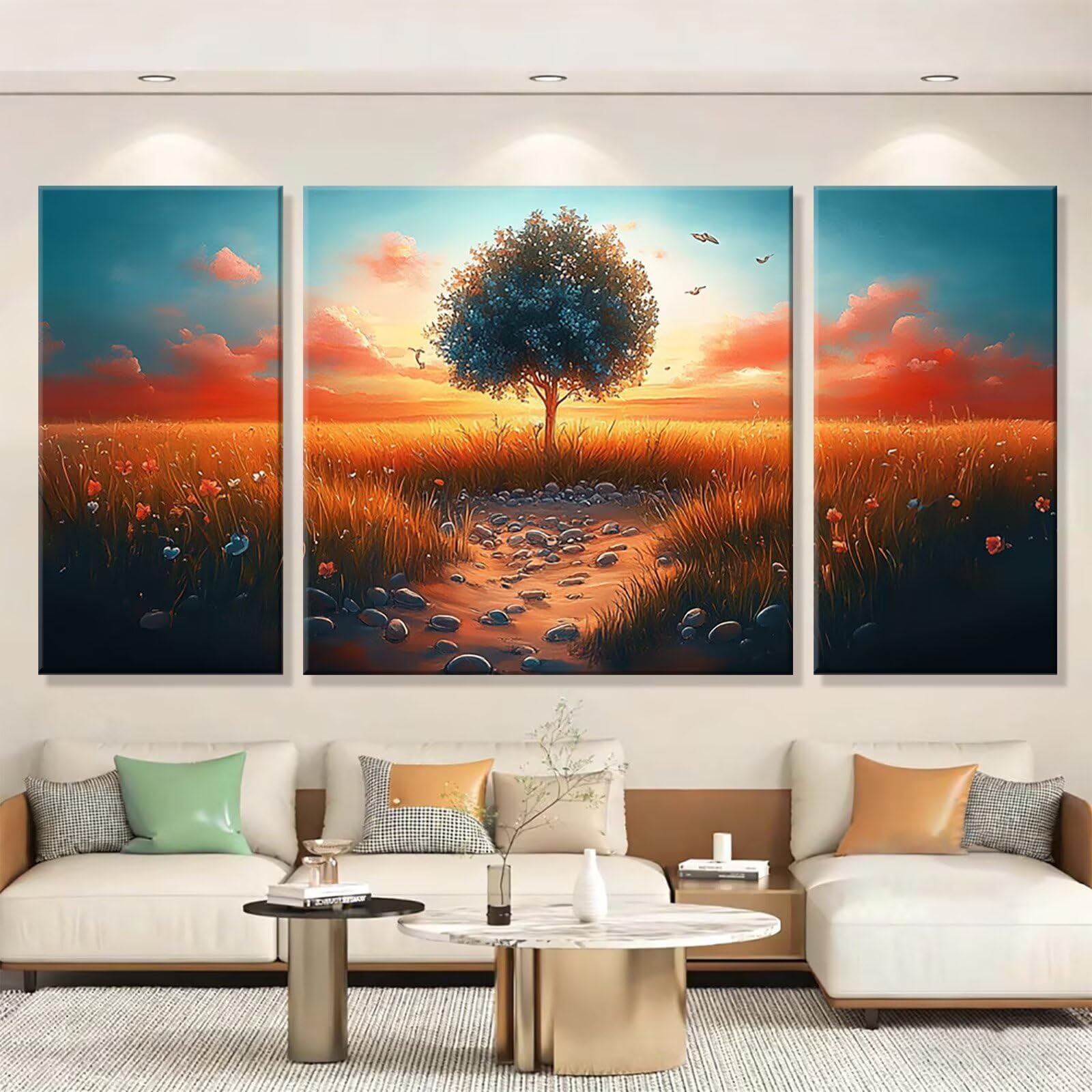 3 Pezzi Dipingere con i Numeri adulti, Paint by Numbers Albero Tramonto, Kit Lavoretti Creativi, Kit di Pittura Acrilica Fai-da-Te, con Pennello, Decorazioni Casa 70x140cm (Senza Cornice) y1s-917