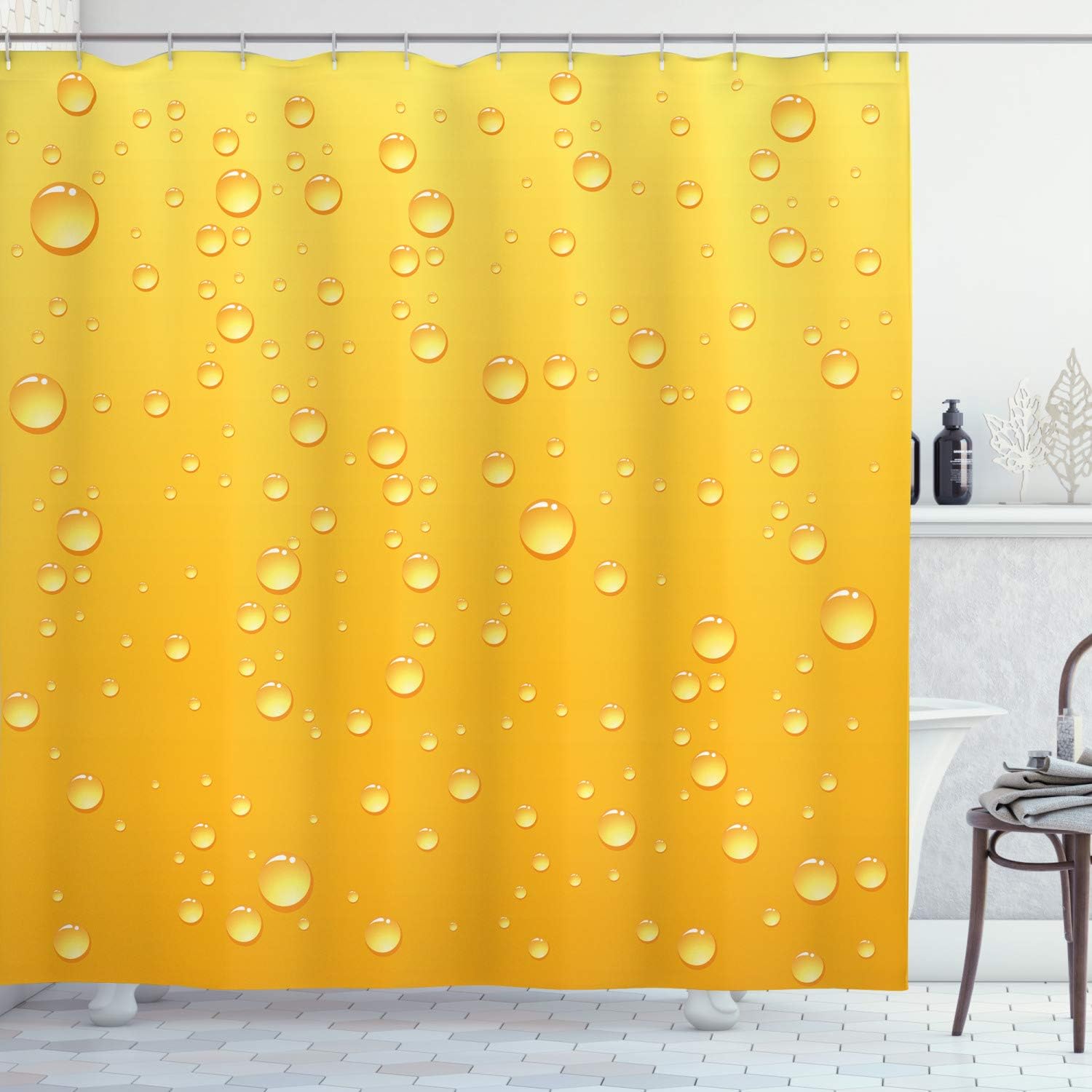 Ambesonne Yellow Shower Curtain, Ombre Background Like Beer in a Glass Water Drops Graphic Art Prints, Cloth Fabric Bathroom Decor Set with Hooks, 69" W x 75" L, Yellow