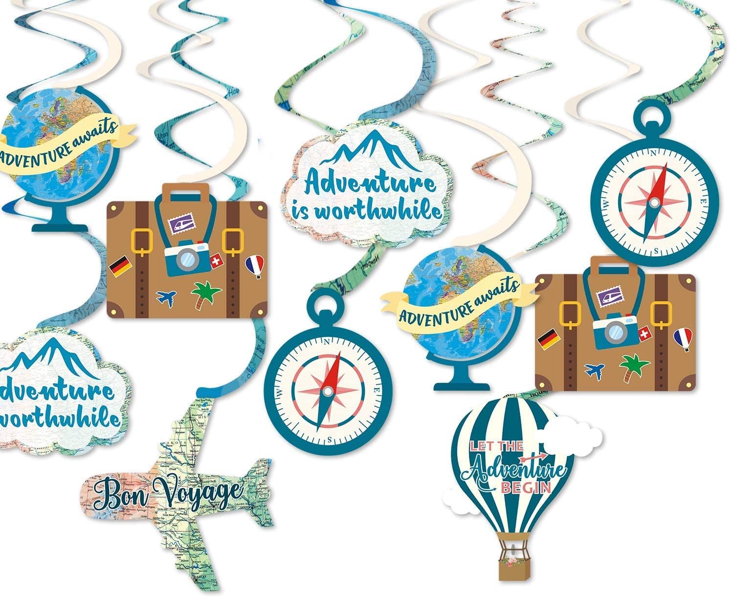 30CT Travel Themed Hanging Swirl Decorations Adventure Awaits Bon Voyage Farewell Retirement Themed Party Spiral Supplies Around the World Wedding Bridal Shower Party Ceiling Door Whirls Streamers ...