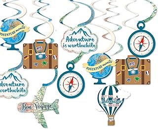 30CT Travel Themed Hanging Swirl Decorations Adventure Awaits Bon Voyage Farewell Retirement Themed Party Around The World Wedding Shower Party Ceiling Spiral Door Whirls Streamers Supplies