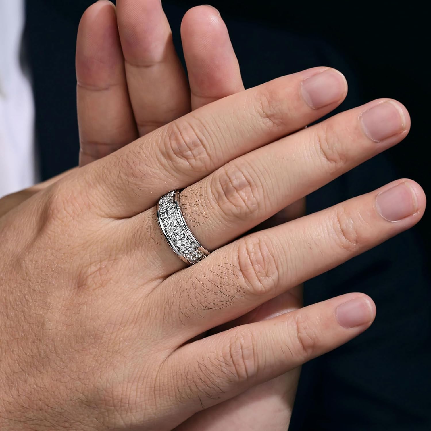 Lab-Created Moissanite Mens Wedding Band Double Row Wedding Ring For Men 925 Sterling Silver Sz 8-13 - Image 4