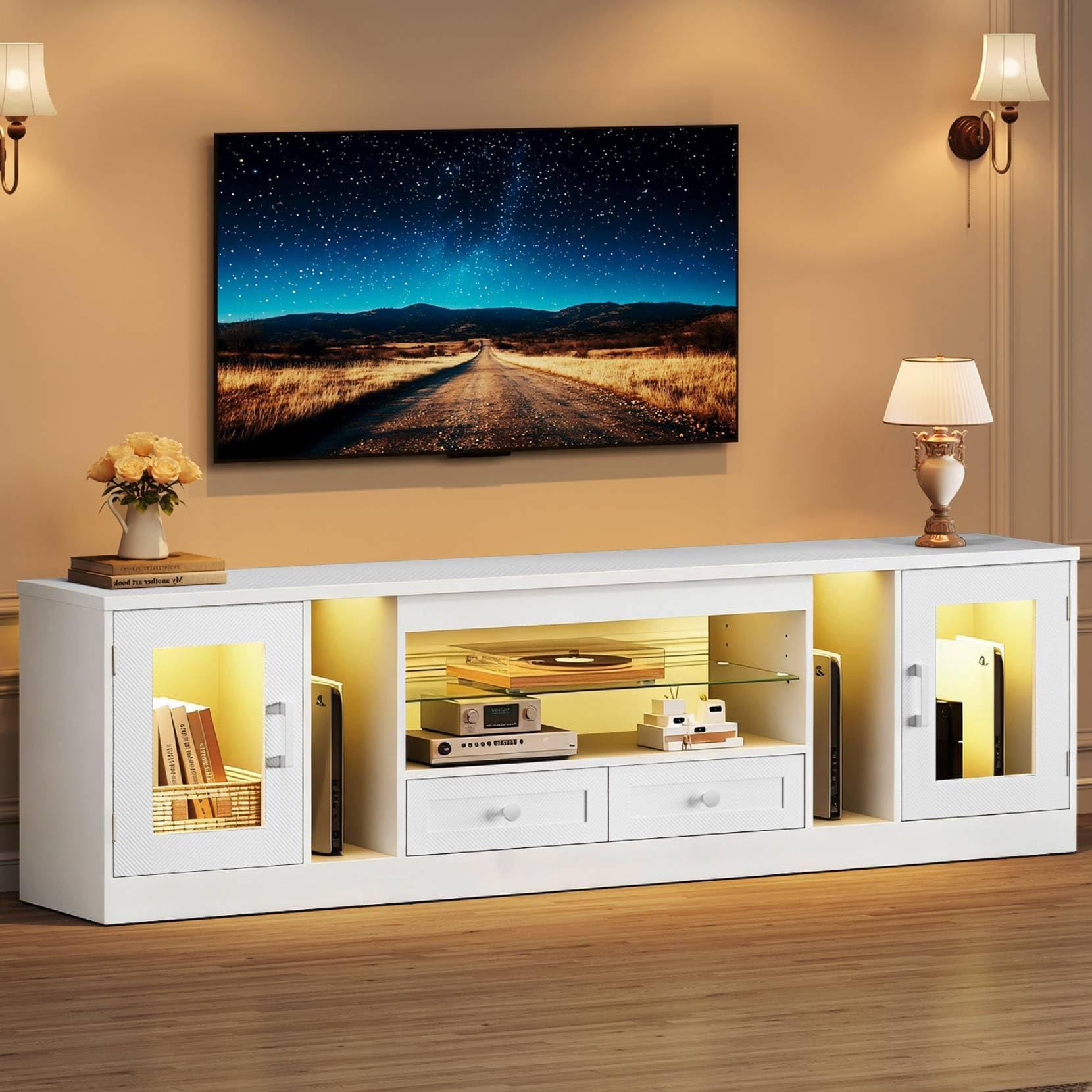 Concho 180 CM LED TV Unit, TV Stand Cabinet for 70 Inch TVs, Gaming Entertainment Center with 8 Storage, Modern TV Unit for Living Room Bedroom, White Carbon Fiber