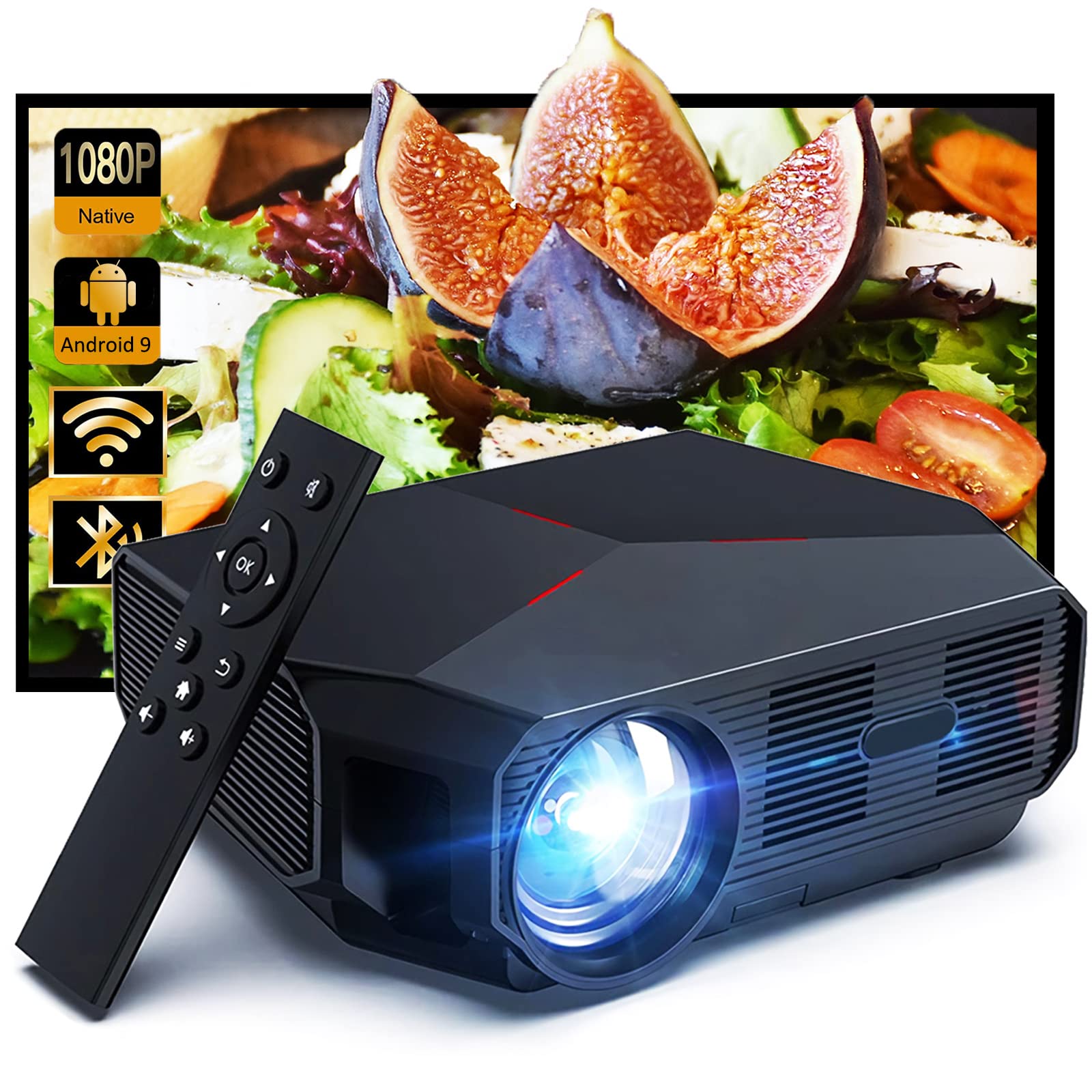 WiFi Projector 4600 Lumen, Full HD 1080P Bluetooth Projector 200" display, 4K Home Cinema Projector with Speaker, Keystone Outdoor Projector with HDMI/USB/VGA/Smartphone/TV/Laptop/iOS,Android (Black)