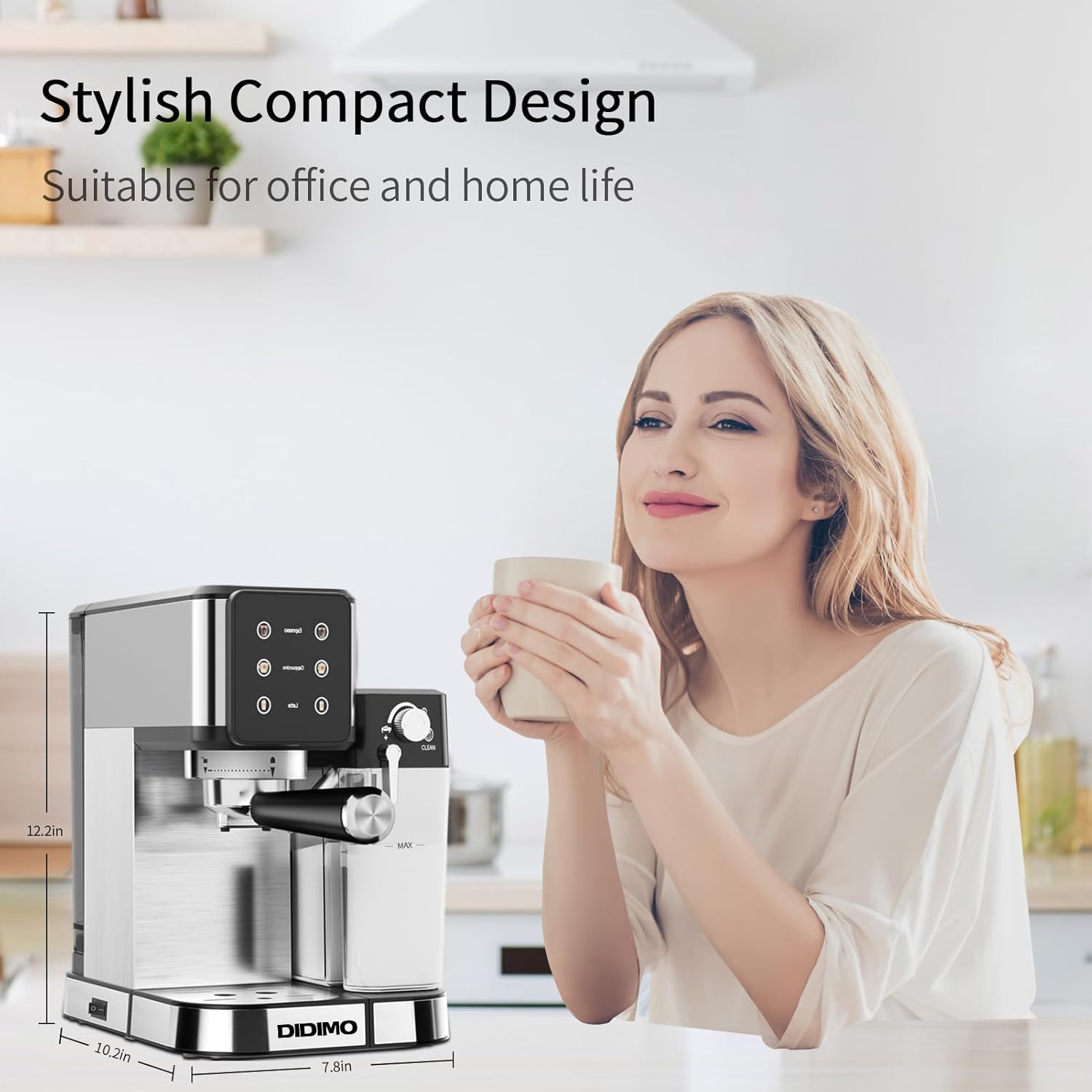 Espresso Machine, 20-BAR Pump Cappuccino Machine with Built-In Milk Frother, Stainless Steel Latte Machine, One-Touch Single or Double Shot for Cappuccinos and Lattes, 1.3L Water Reservoir