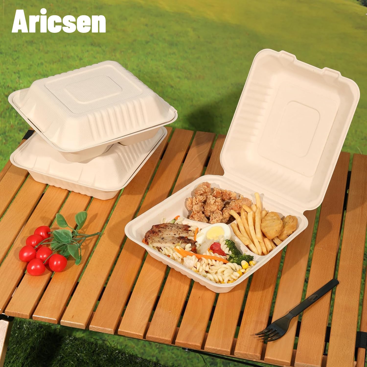 Aricsen Paquete de 100 recipientes compostables de 3 compartimentos de 8 x 9 pulgadas para llevar con tapa para llevar, concha de almeja para alimentos, bagazo desechable ecológico biodegradable, sin