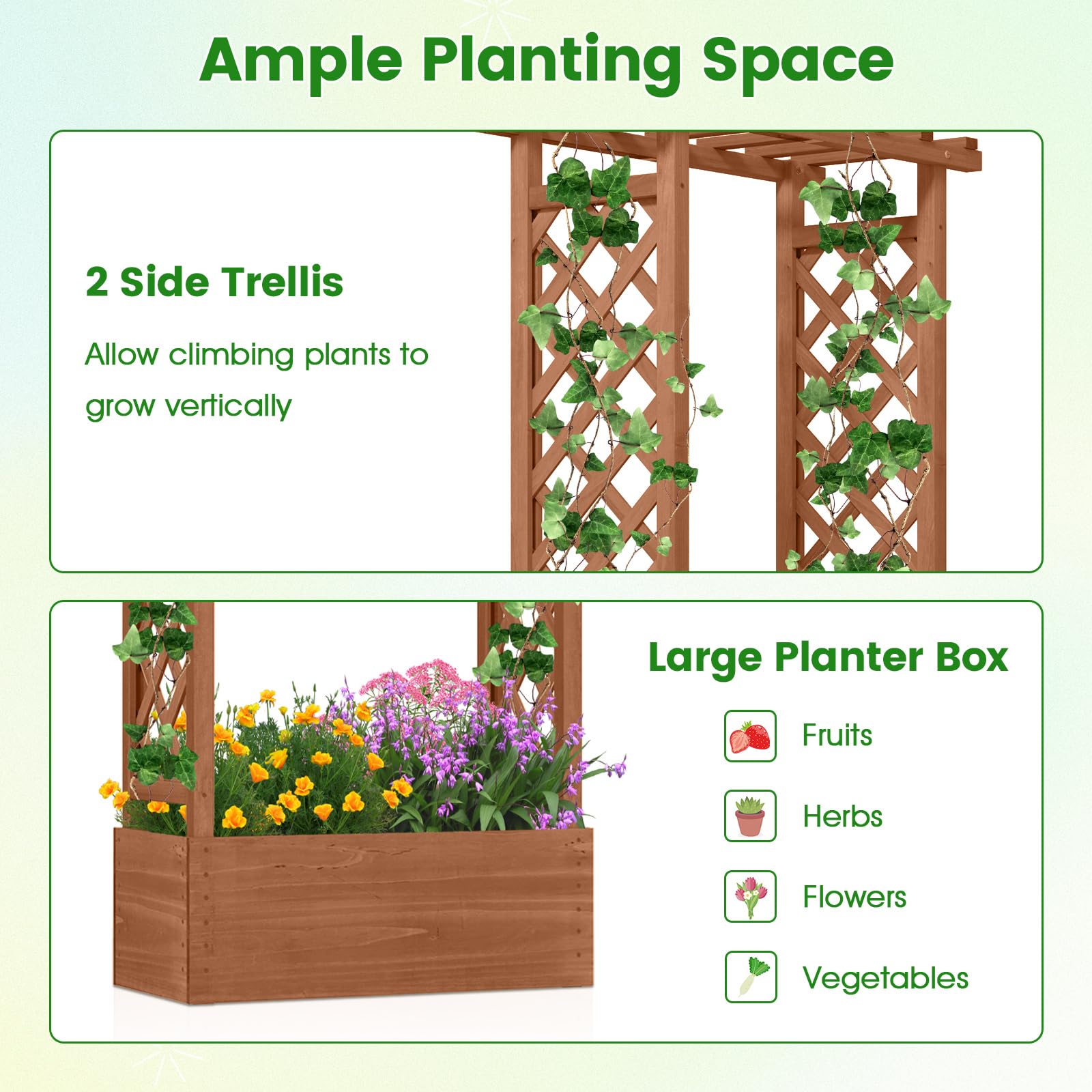 FANTASK Blumenkasten mit Rankhilfe, 66 x 32 x 152 cm, Hochbeet mit Rankgitter & hängendem Dach, Pflanzkasten für Kletterpflanzen & hängende Körbe, Pflanzkübel Holz für Garten Hof Terrasse (Braun)