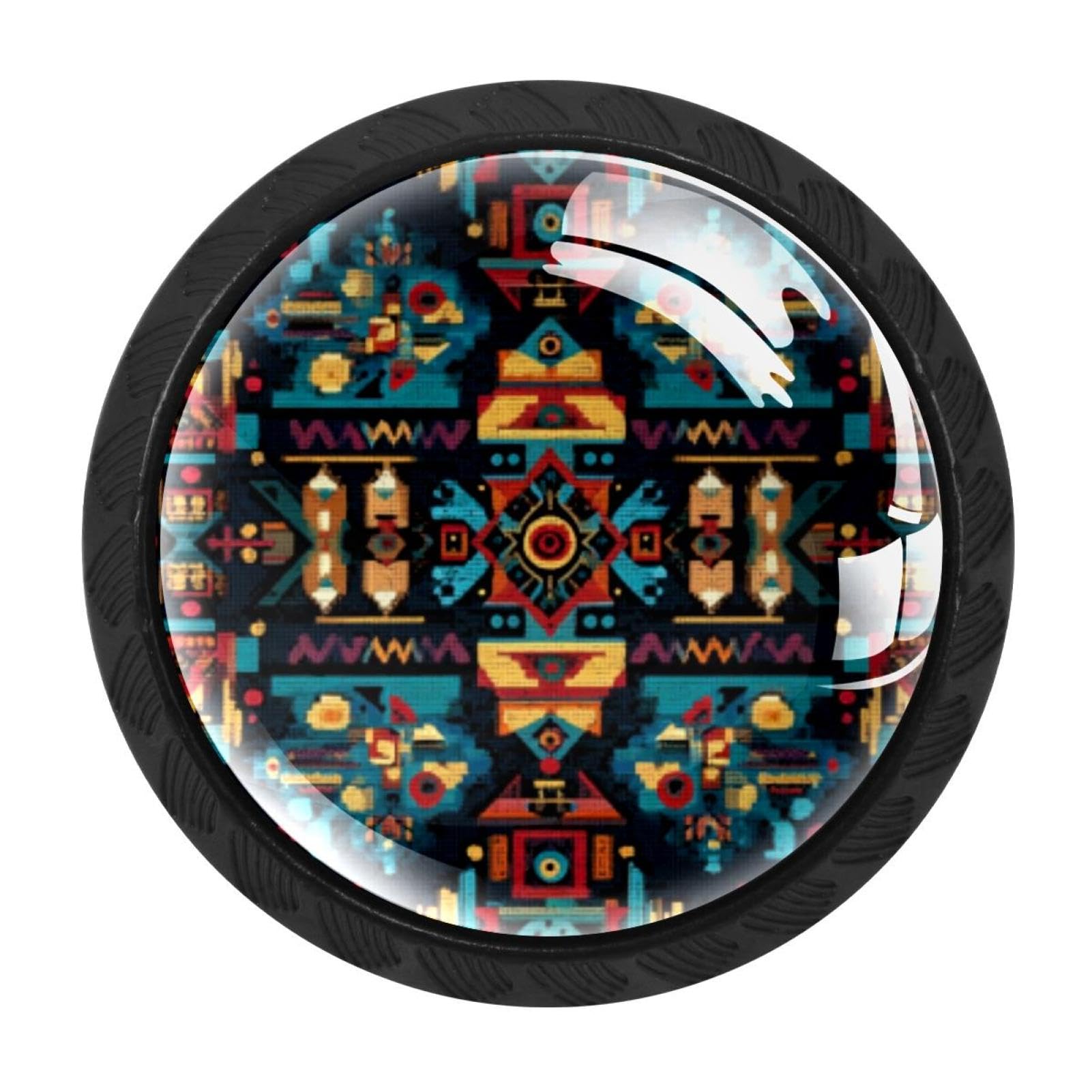 CHENZZZZ 4 Pack Round Cabinet Knobs for Kitchen Bathroom Closet Dresser Cabinets, Ethnic Aztec Pattern (1)