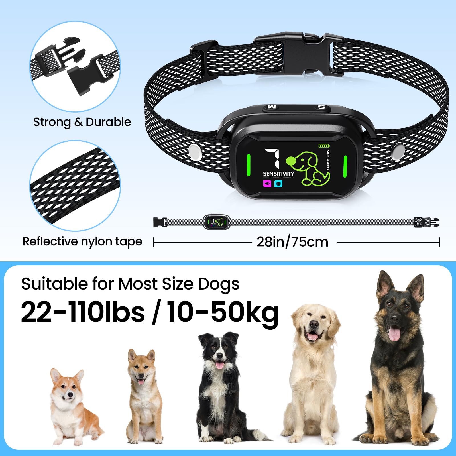 MASBRILL Collar Antiladridos para Perros, Collar Automatico Antiladridos con 3 Modos de Eficiente, Recargable con 7 Niveles de Sensibilidad Ajustables, Adecuado para Perros Grandes y Pequeños