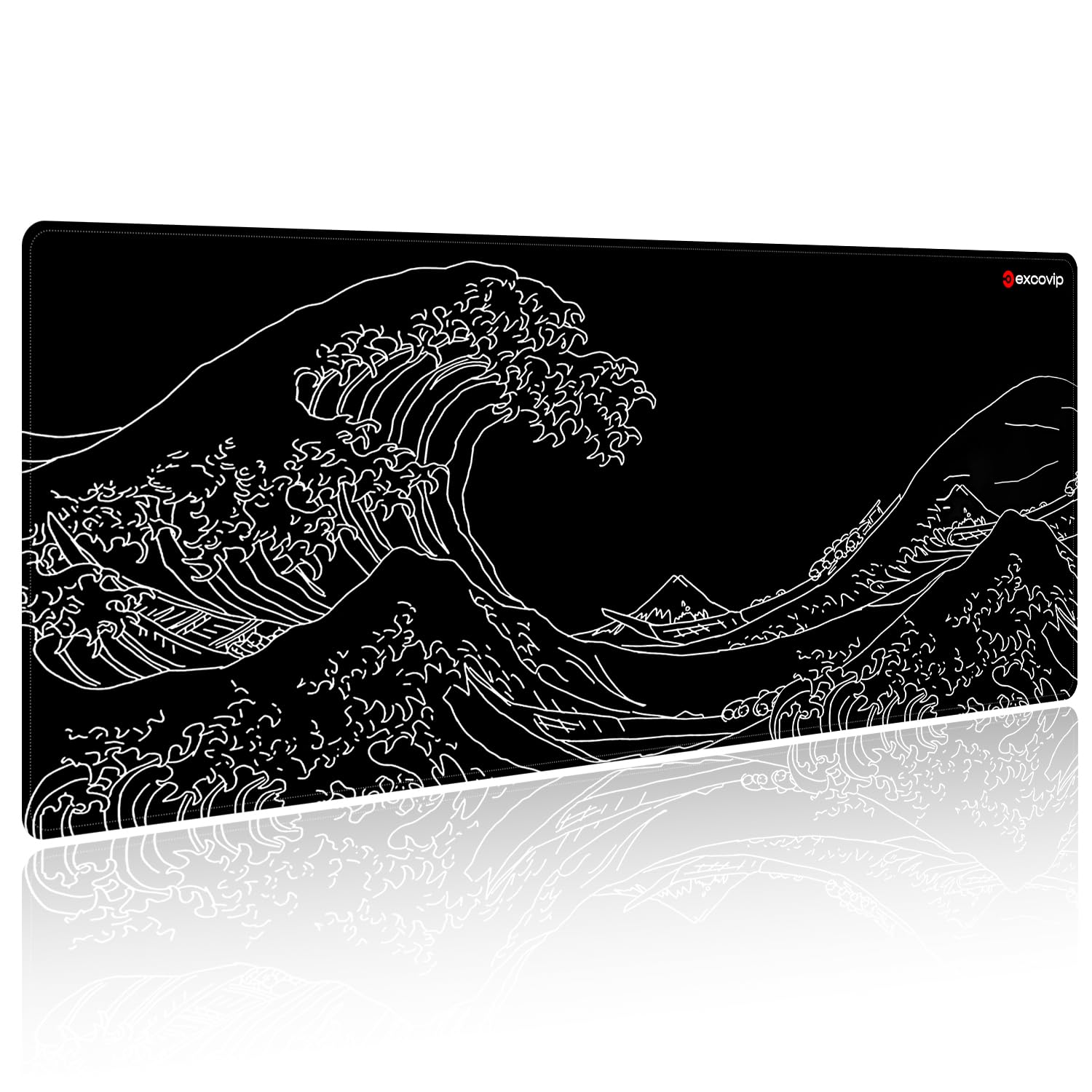 EXCOVIP Large Gaming Mouse Pad XL,Japanese Wave Anti-Skid Mousepad Large Keyboard Mouse Pad Desk Mat with Stitched Edges (800x300mm, Black) 0202