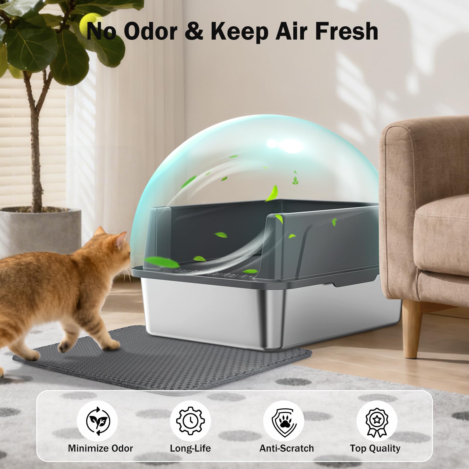 Stainless Steel Cat Litter Box with Lid, High-Sided Metal Litter Pan for Small Cats, Kitty Litter Box, Non-Stick & Odor-Resistant, Anti-Urine Leakage, Easy to Clean, Scoop Included - image 5