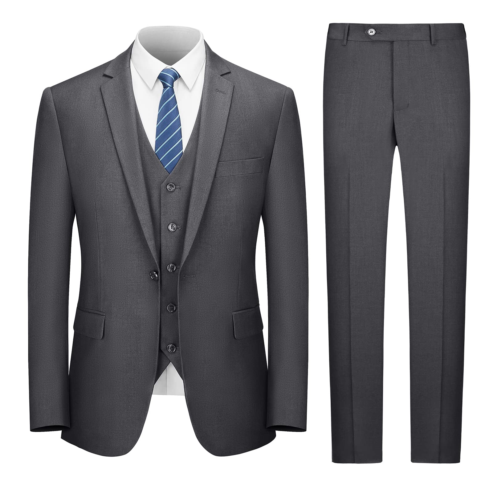 lupurty Suits for Men, 3PC Gray Men's Suits Slim Fit, Solid Jacket Vest Pants with Tie, One Button Suit Set, M-picture-20